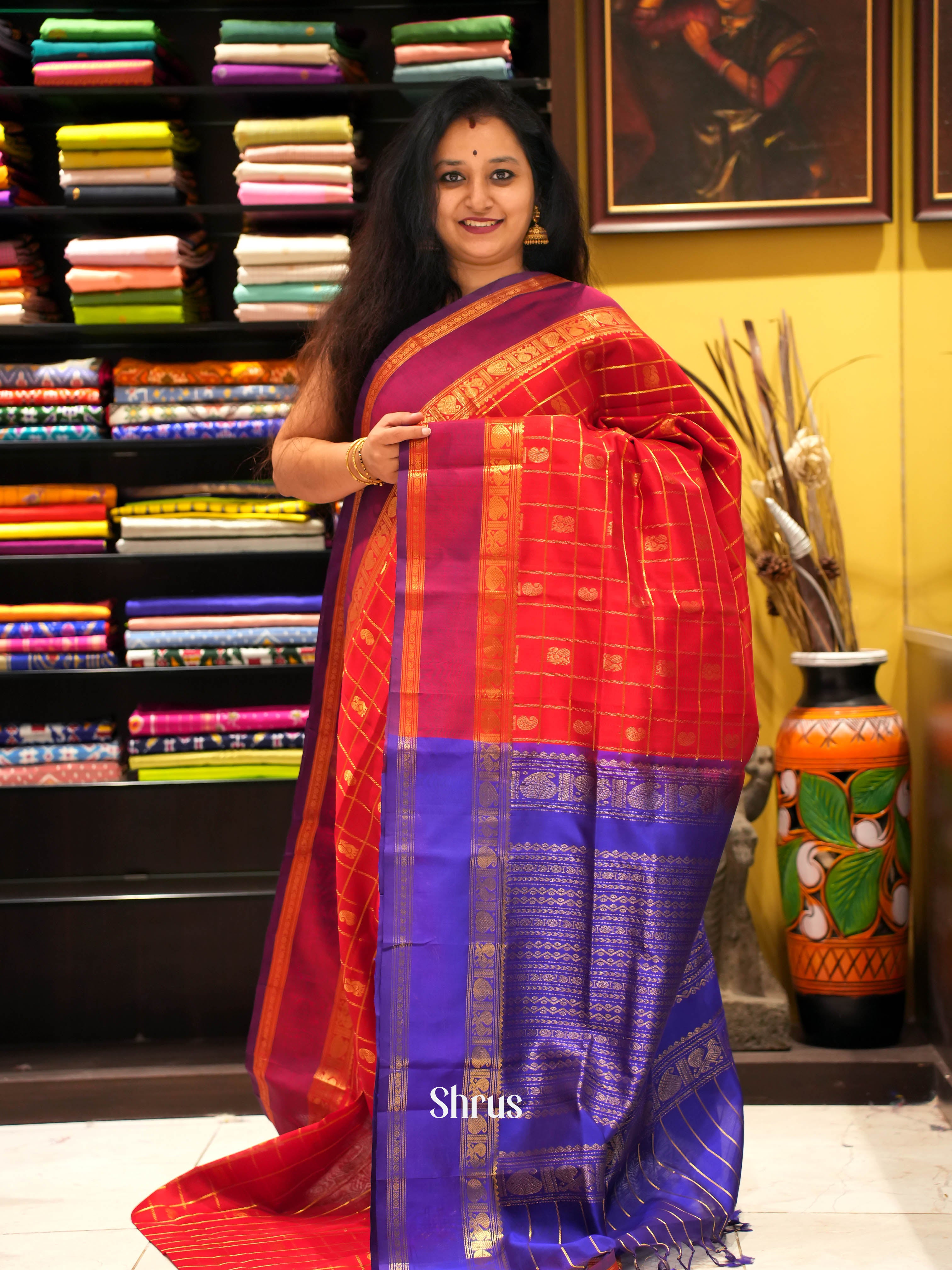Red & Blue - Silk Cotton Saree - Shop on ShrusEternity.com