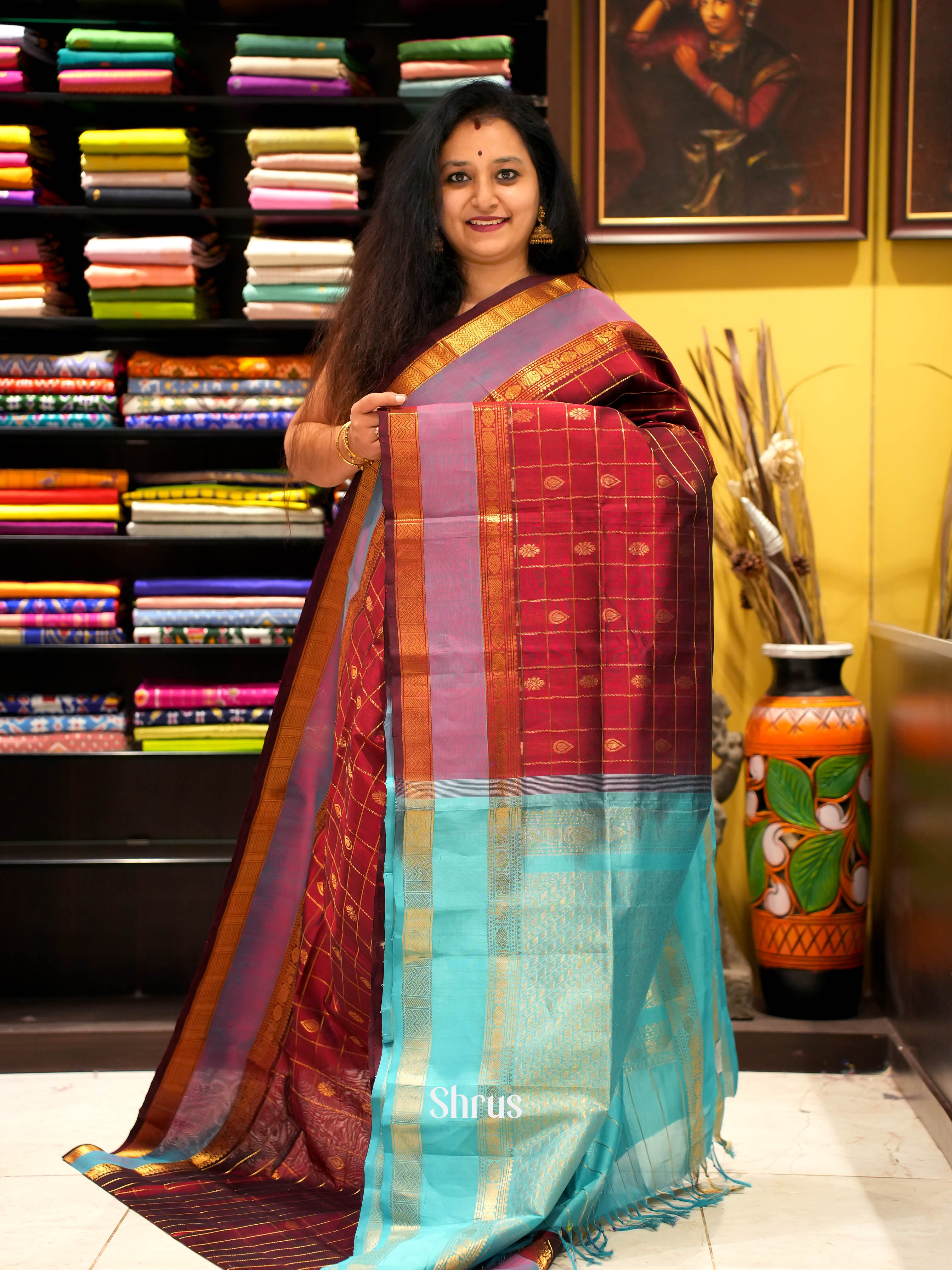 Maroon & Teal - Silk Cotton Saree - Shop on ShrusEternity.com