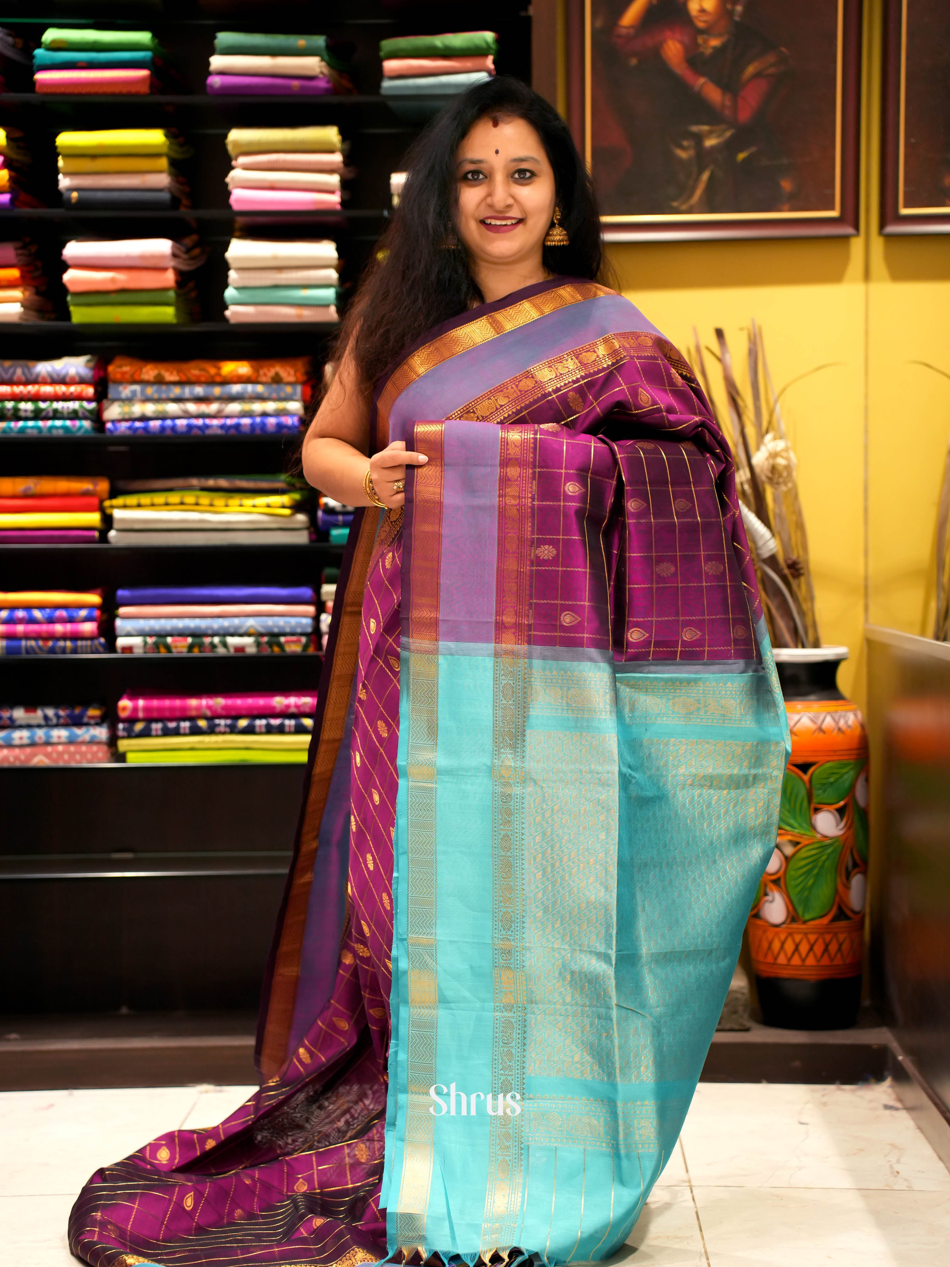 Purple & Teal - Silk Cotton Saree - Shop on ShrusEternity.com