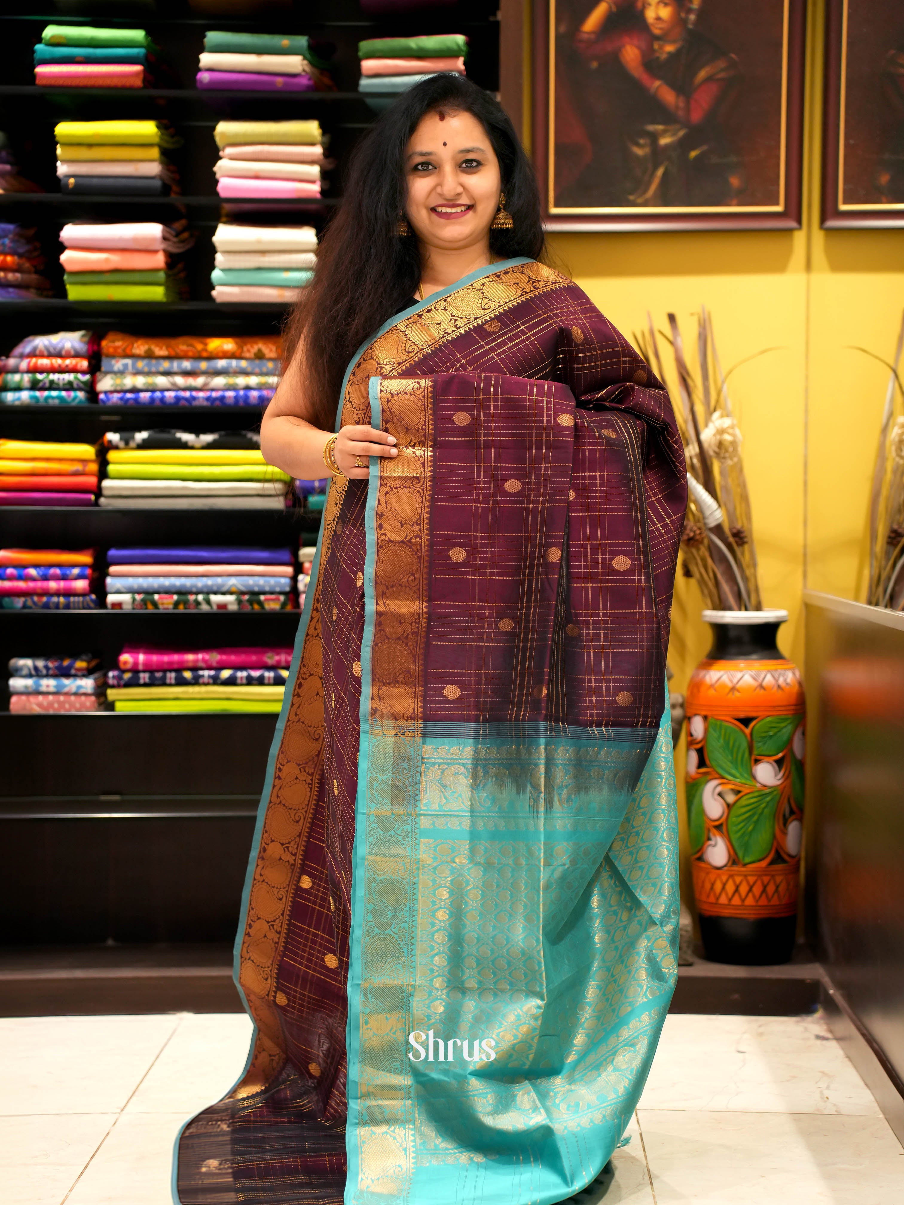 Brown & Teal- Silk Cotton Saree - Shop on ShrusEternity.com