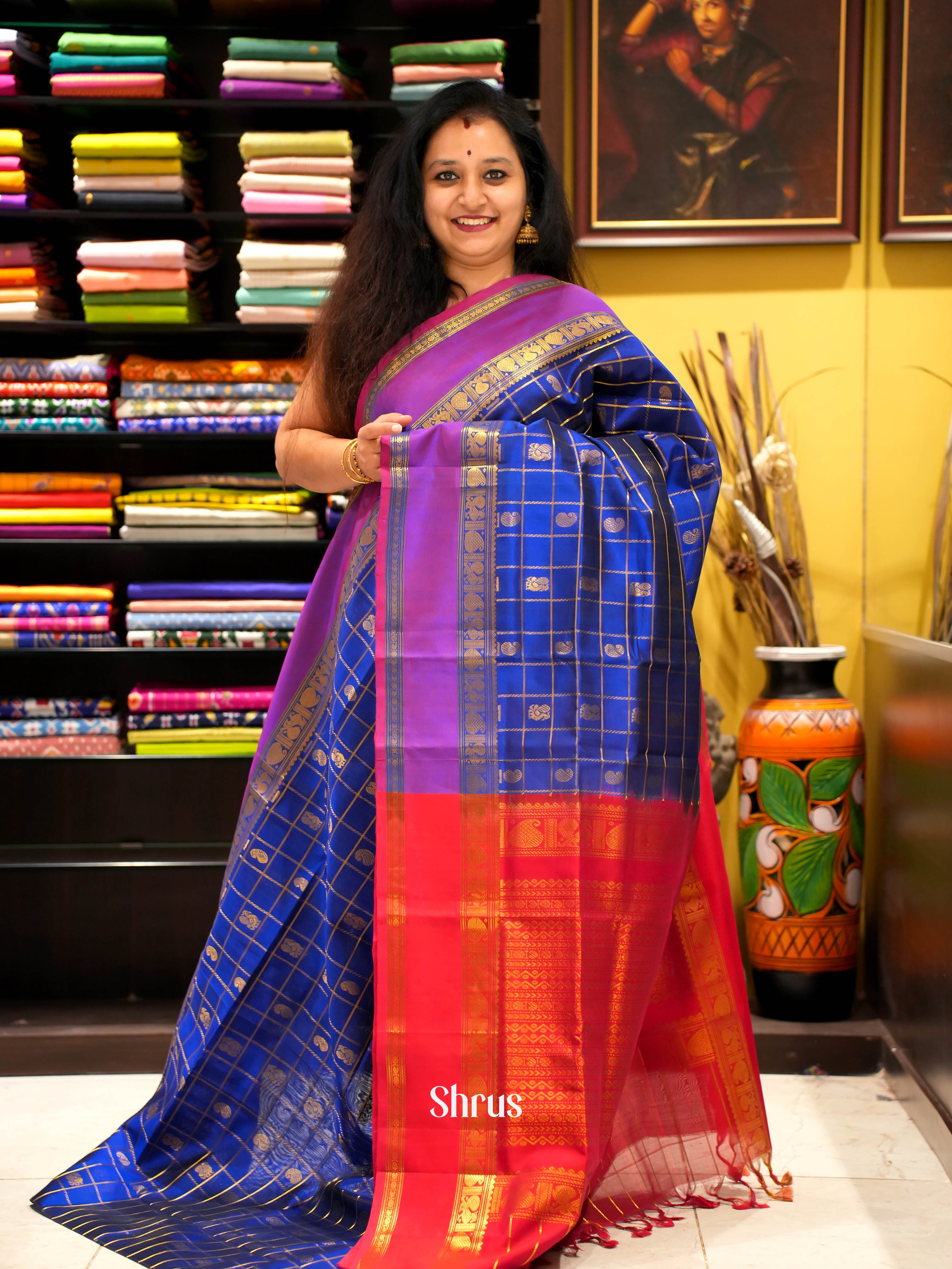 Blue & Red - Silk Cotton Saree - Shop on ShrusEternity.com