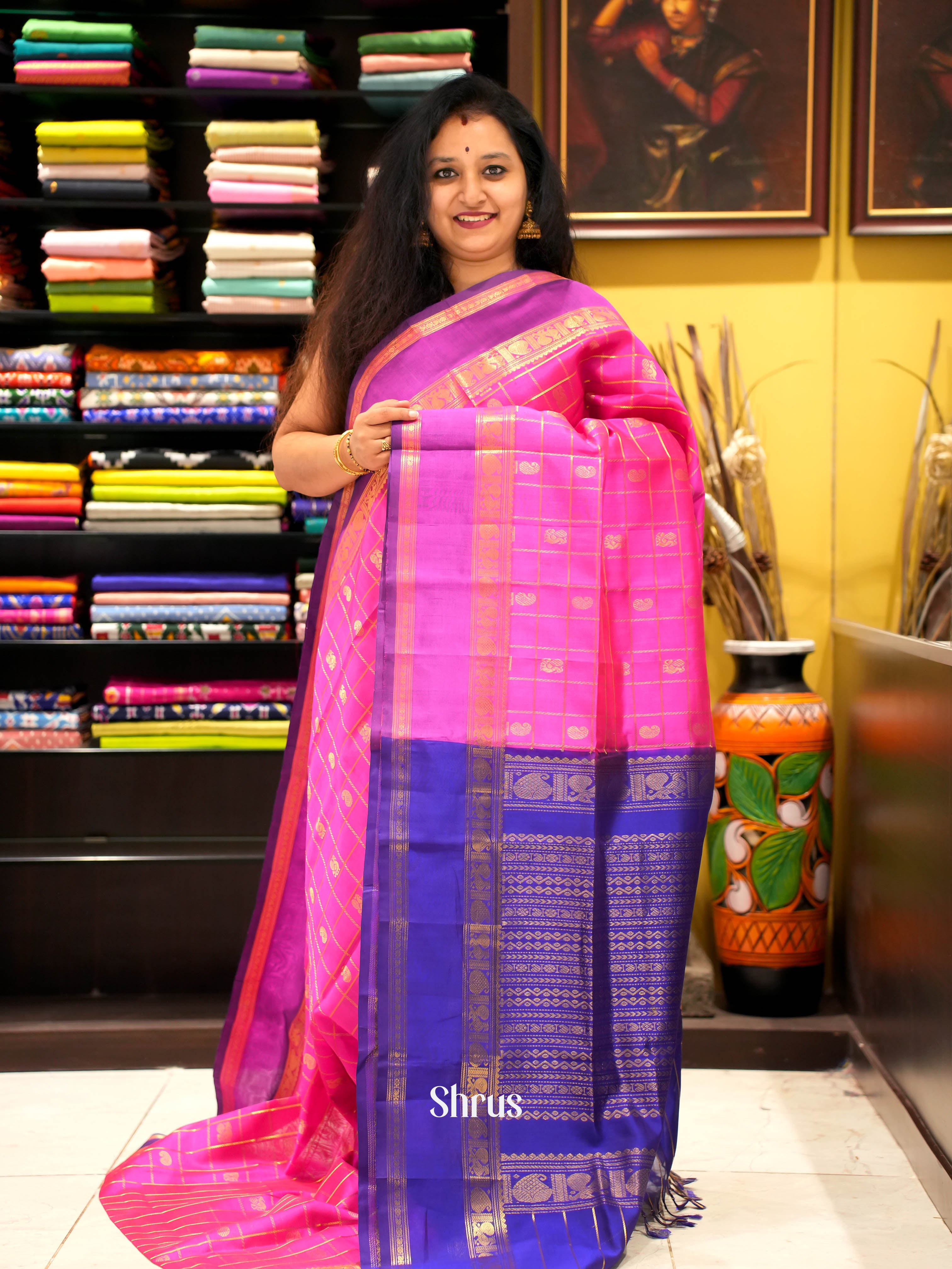 Pink & Blue - Silk Cotton Saree - Shop on ShrusEternity.com