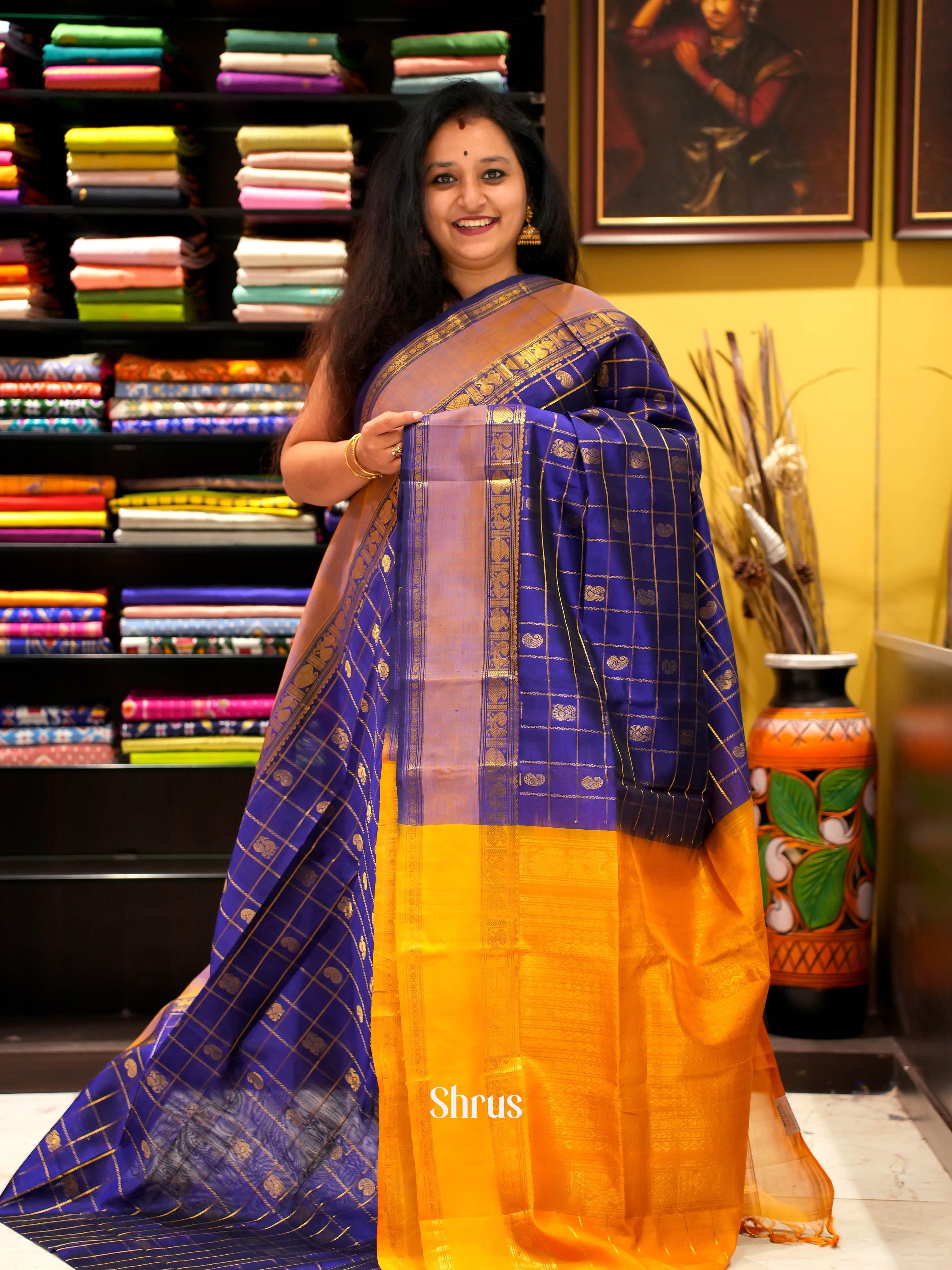 Blue & Yellow- Silk Cotton Saree - Shop on ShrusEternity.com