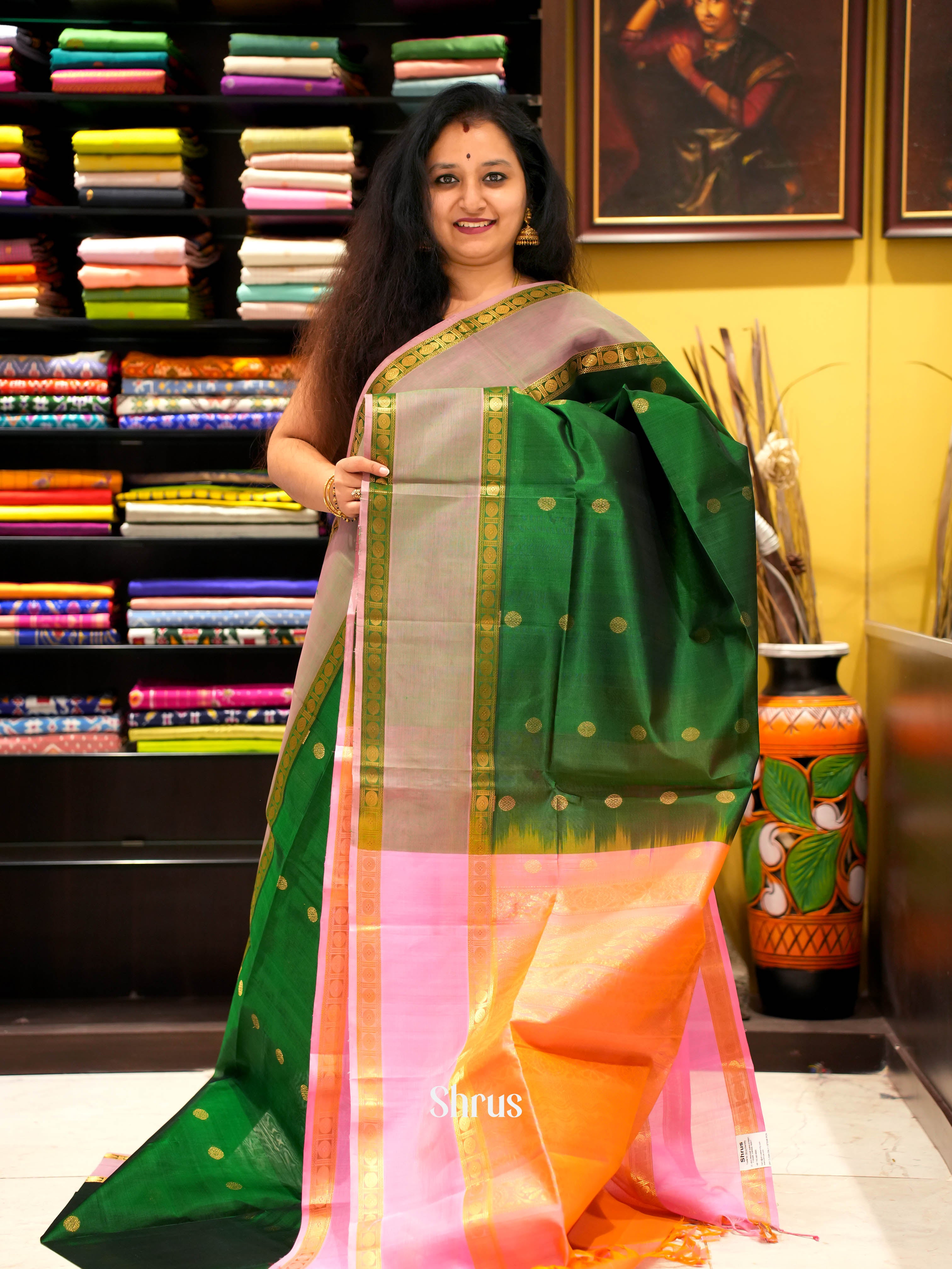 Green & Peach - Silk Cotton Saree - Shop on ShrusEternity.com