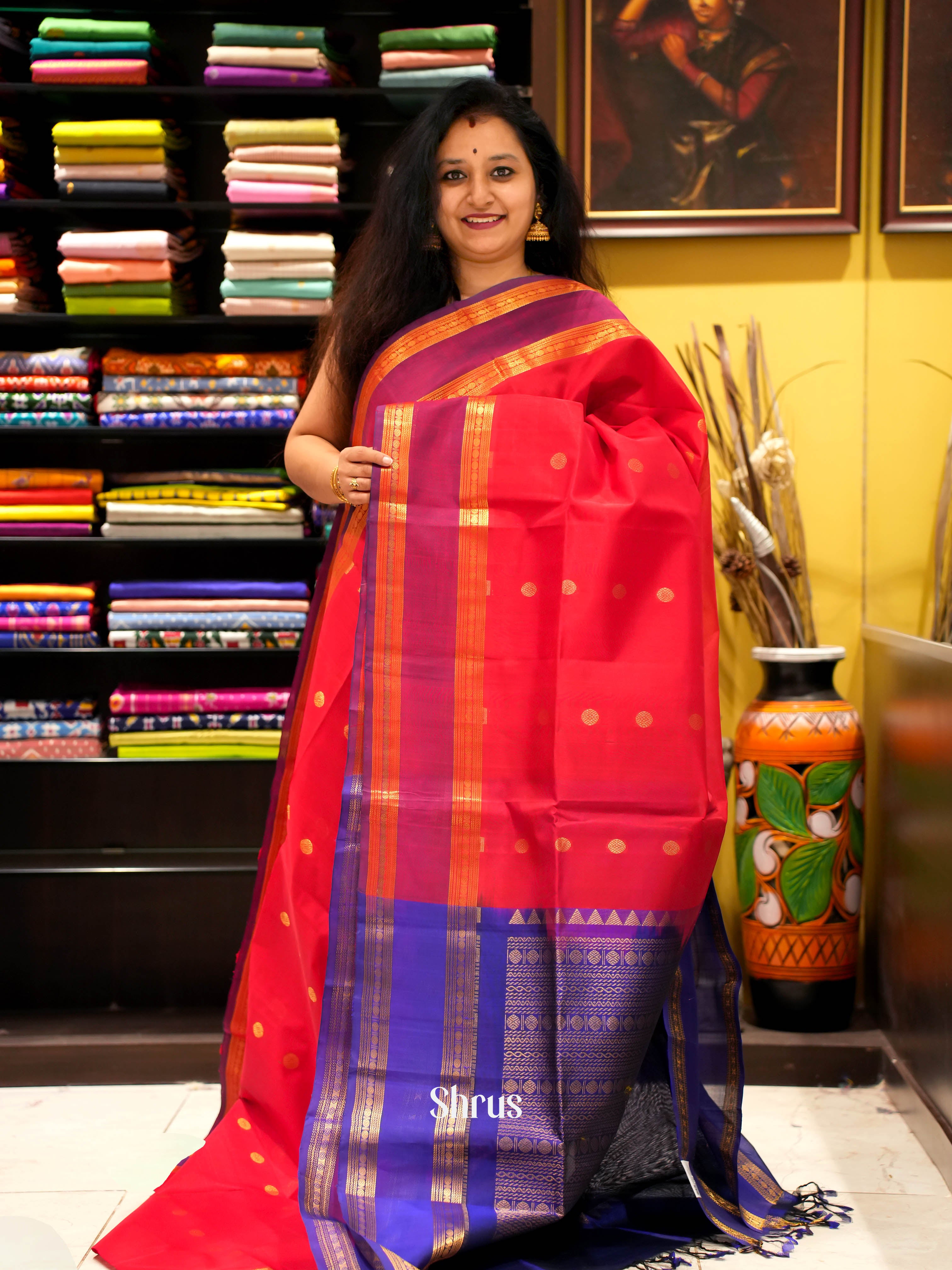 Red & Blue - Silk Cotton Saree - Shop on ShrusEternity.com
