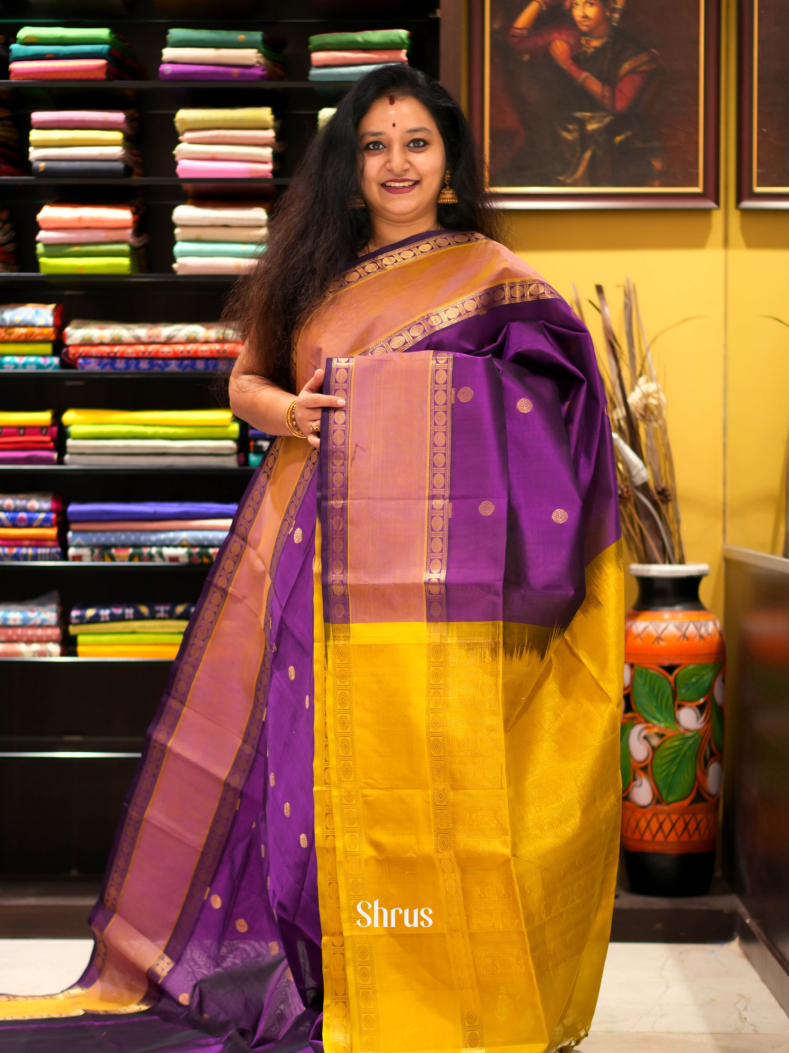 Purple & Yellow - Silk Cotton Saree - Shop on ShrusEternity.com