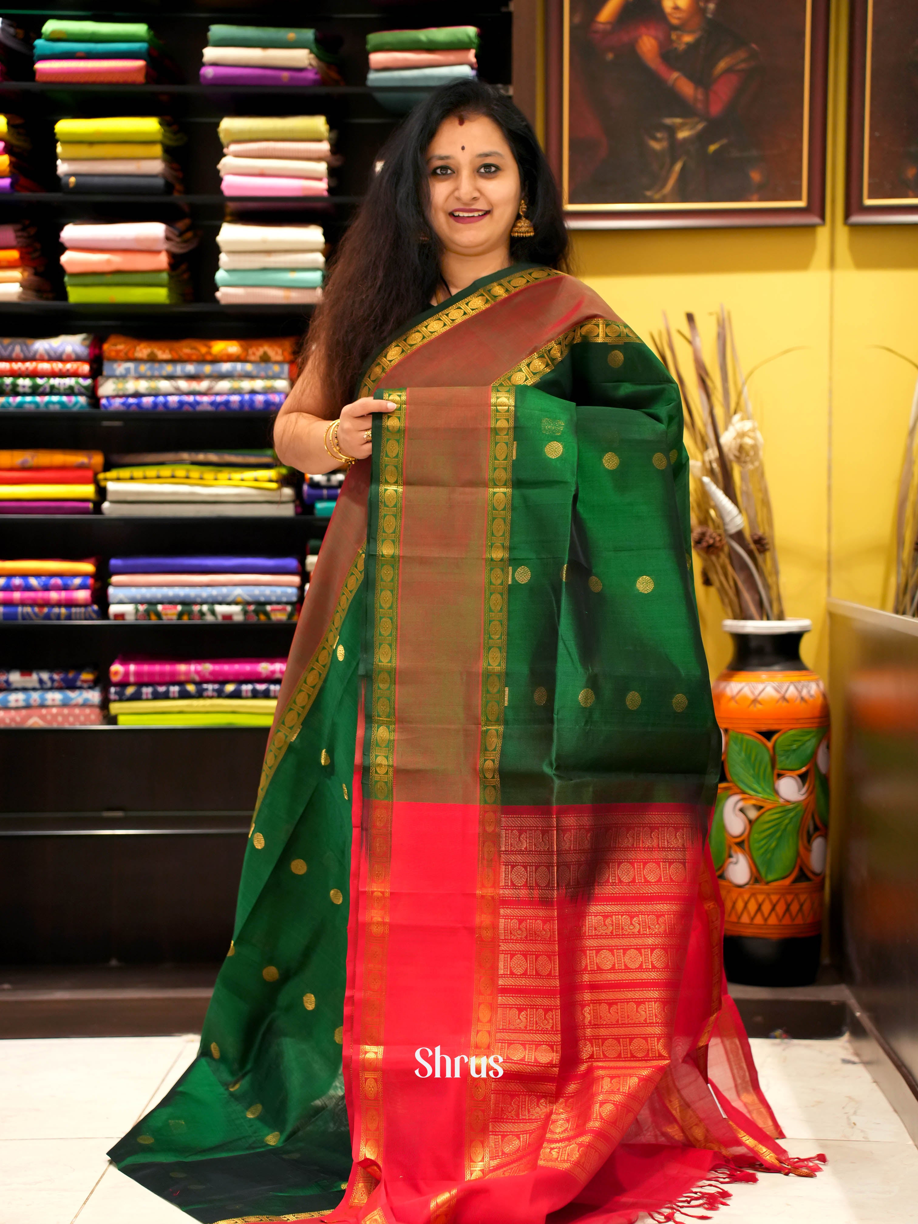 Green & Red - Silk Cotton Saree - Shop on ShrusEternity.com