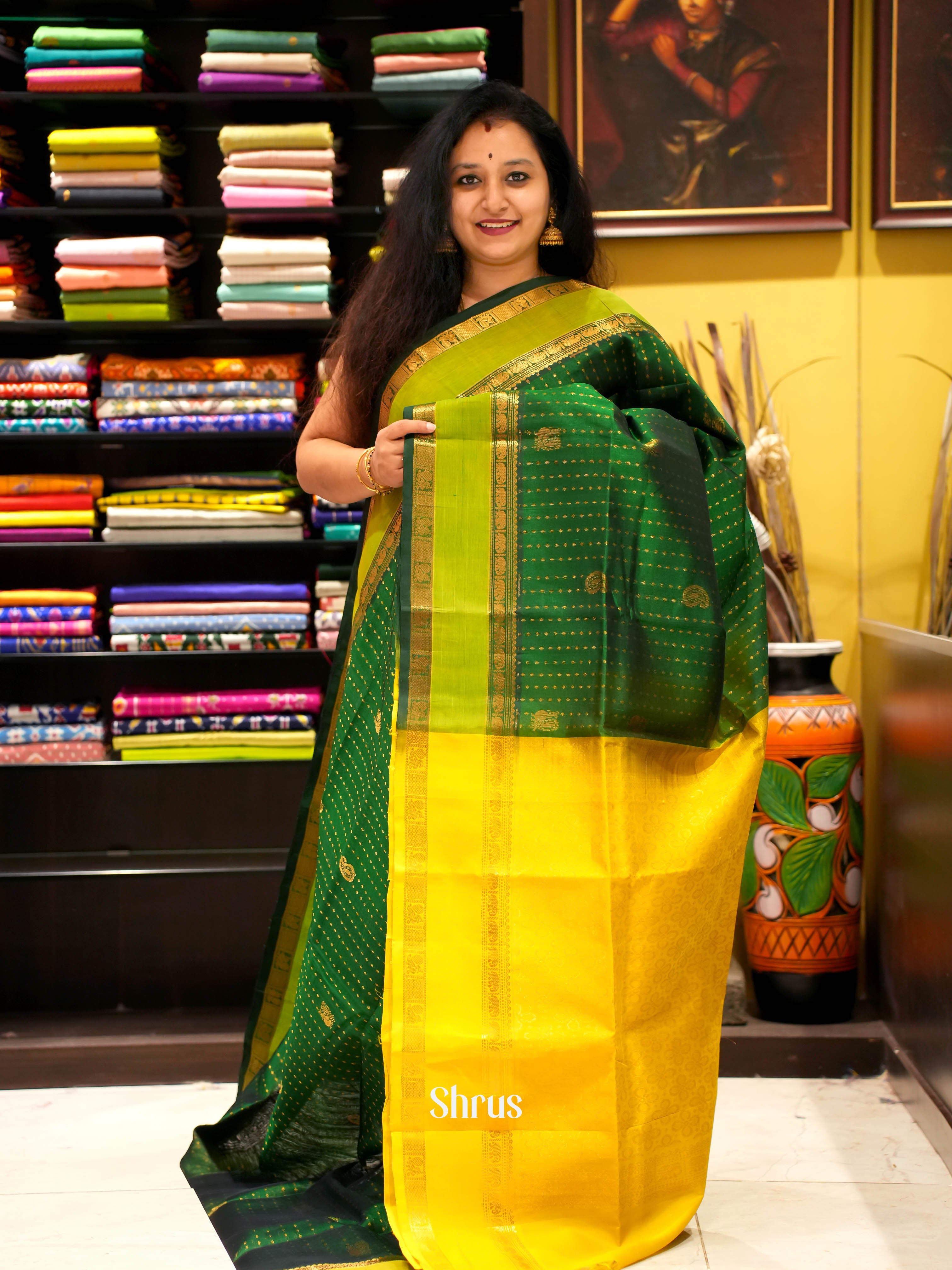 Green & Yellow - Silk Cotton Saree - Shop on ShrusEternity.com
