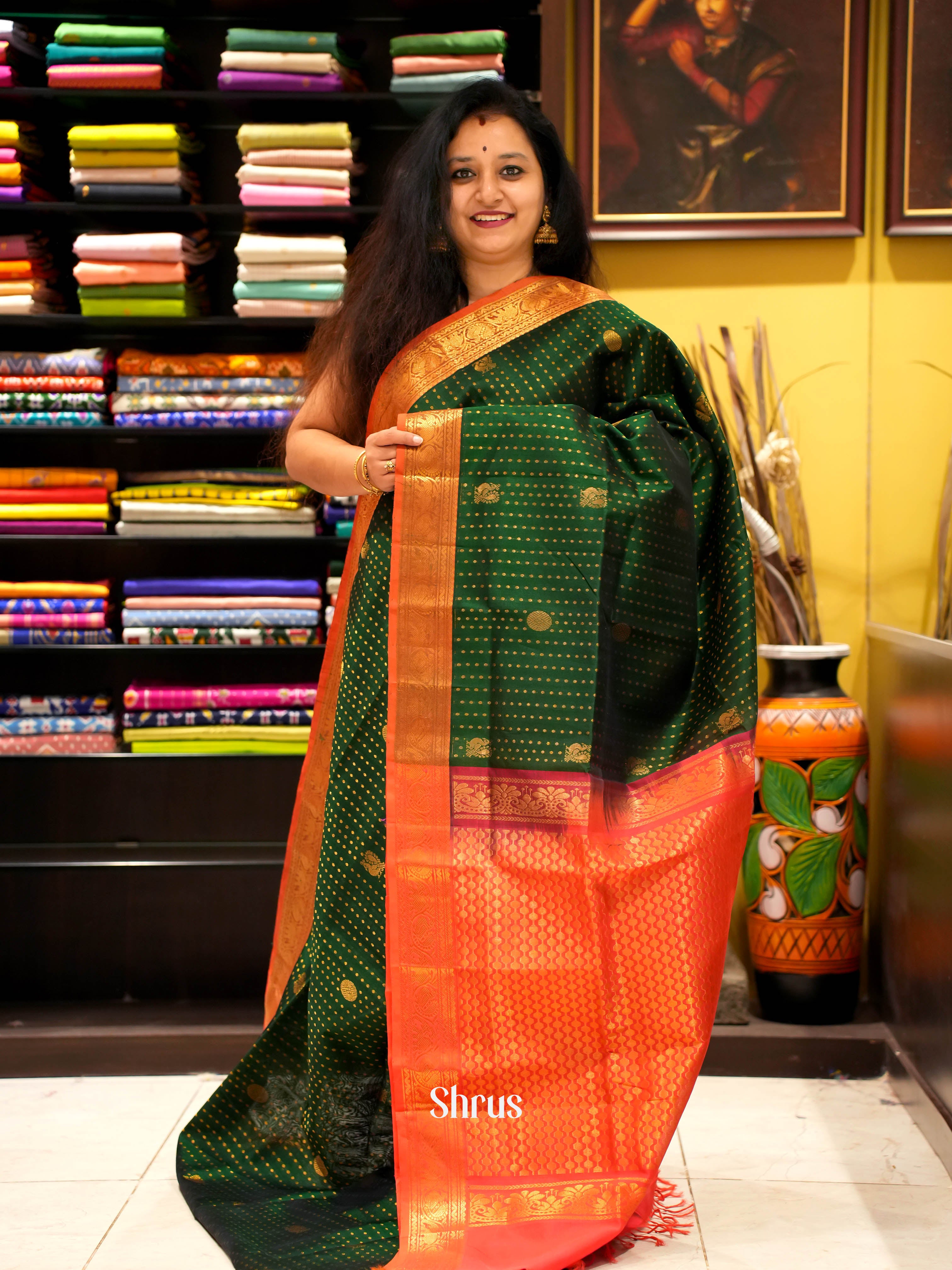 Green & Orange - Silk Cotton Saree - Shop on ShrusEternity.com