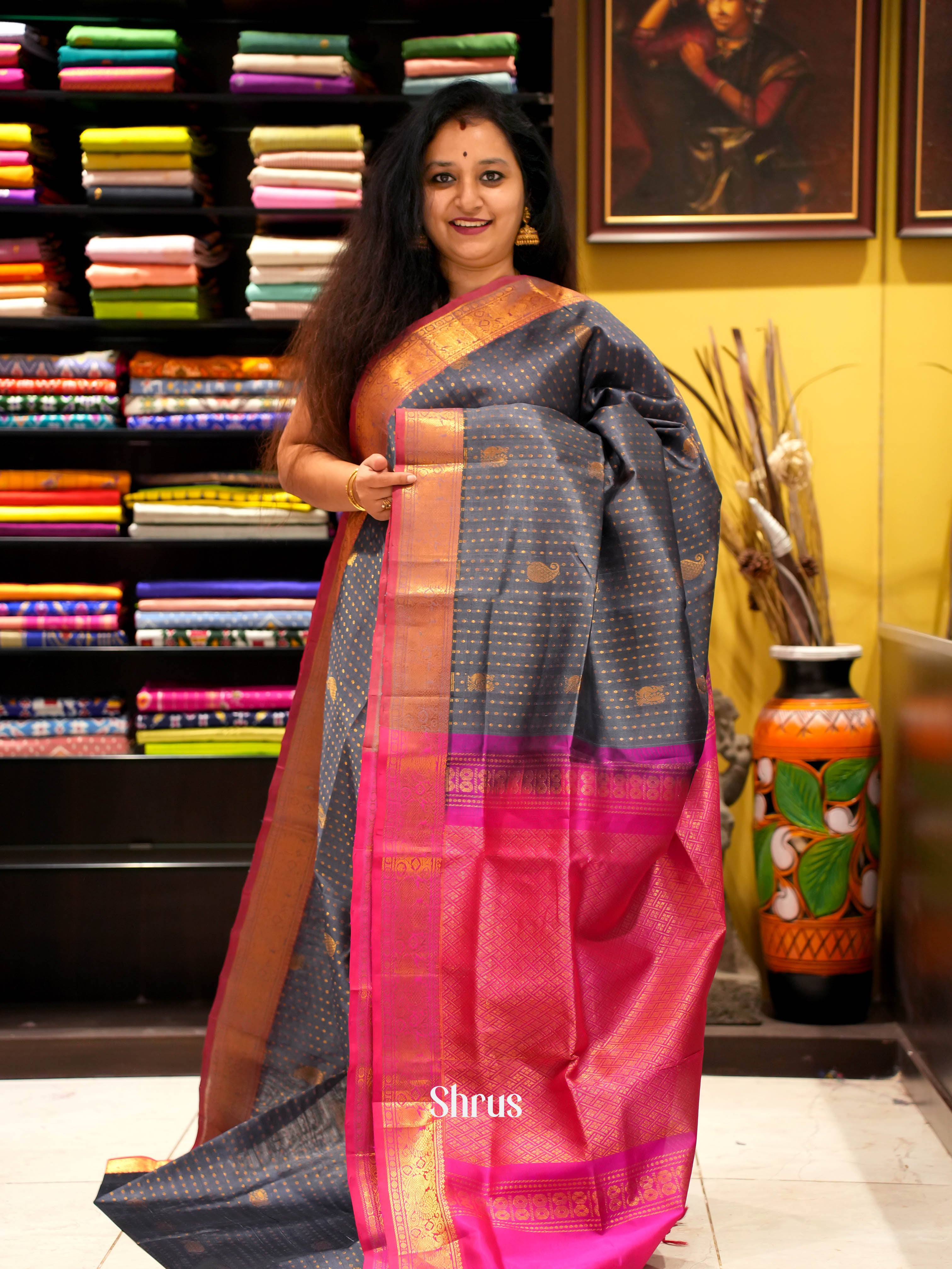 Grey & Pink - Silk Cotton Saree - Shop on ShrusEternity.com