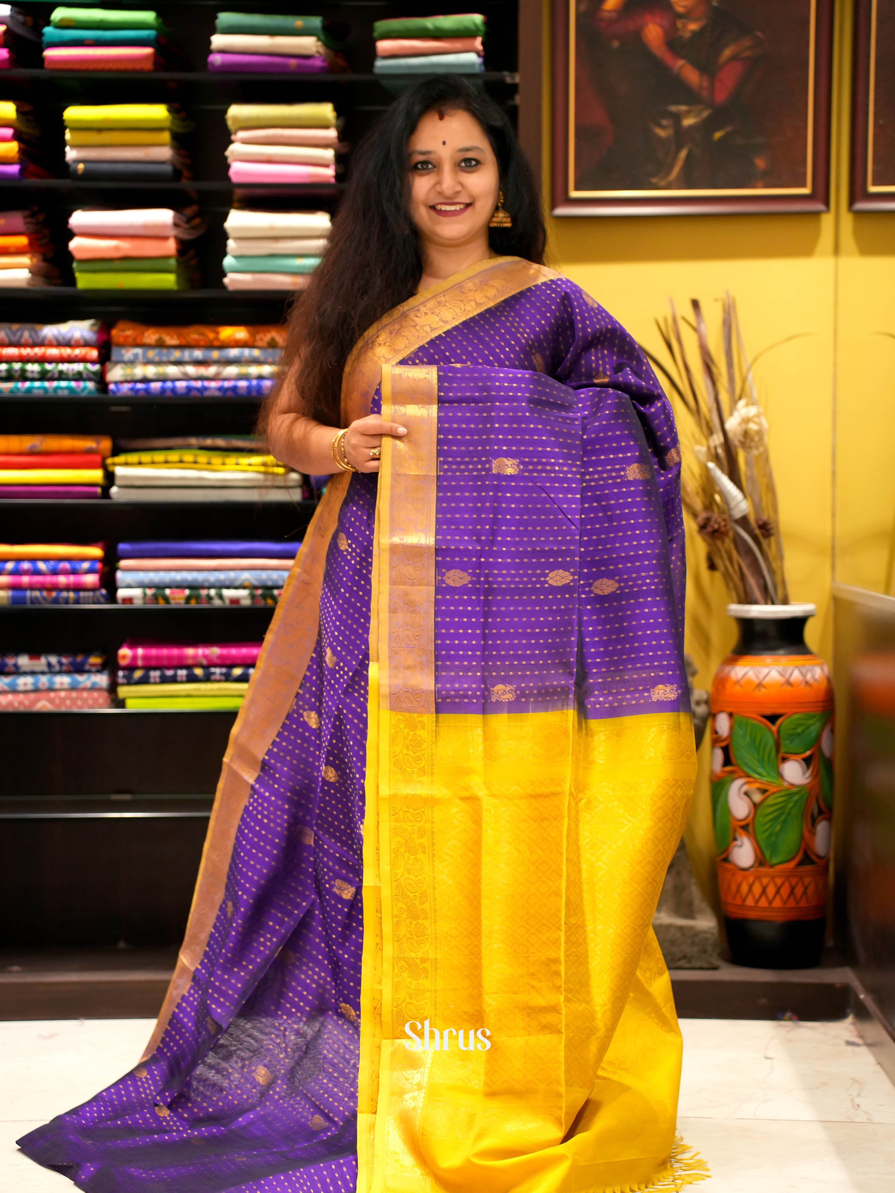 Violet & Yellow - Silk Cotton Saree - Shop on ShrusEternity.com