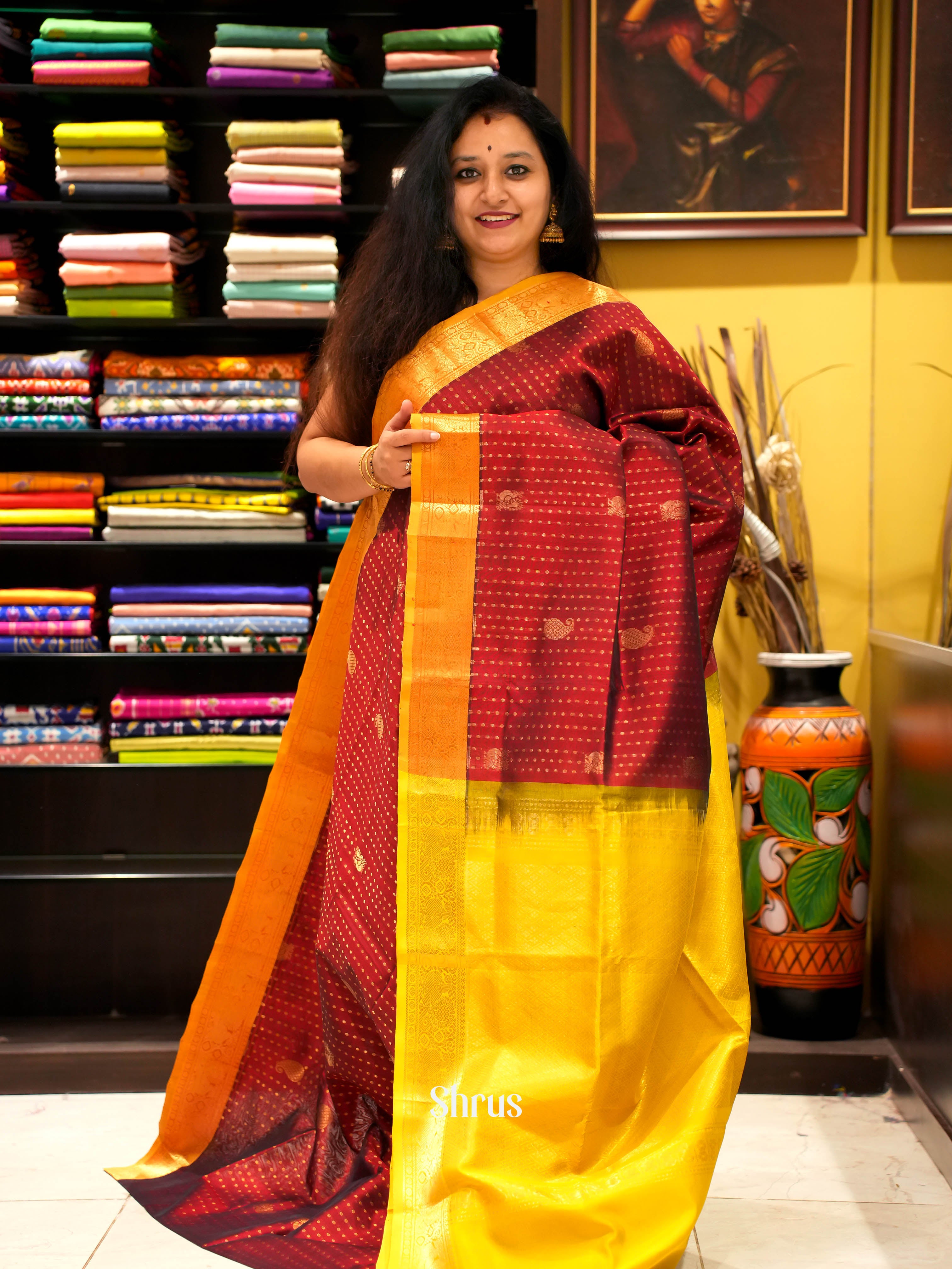 Maroon & Yellow - Silk Cotton Saree - Shop on ShrusEternity.com
