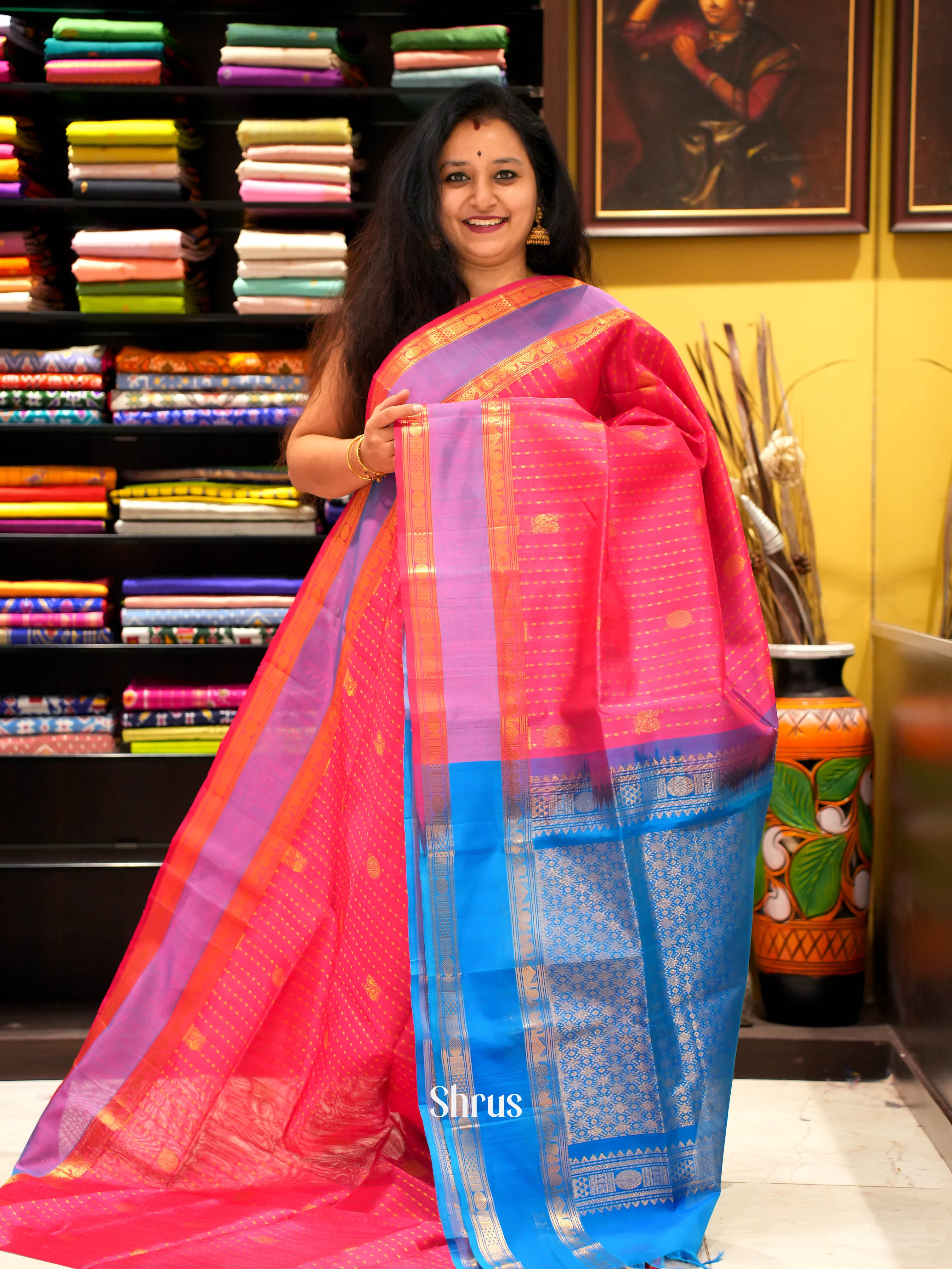 Pink & Blue - Silk Cotton Saree - Shop on ShrusEternity.com