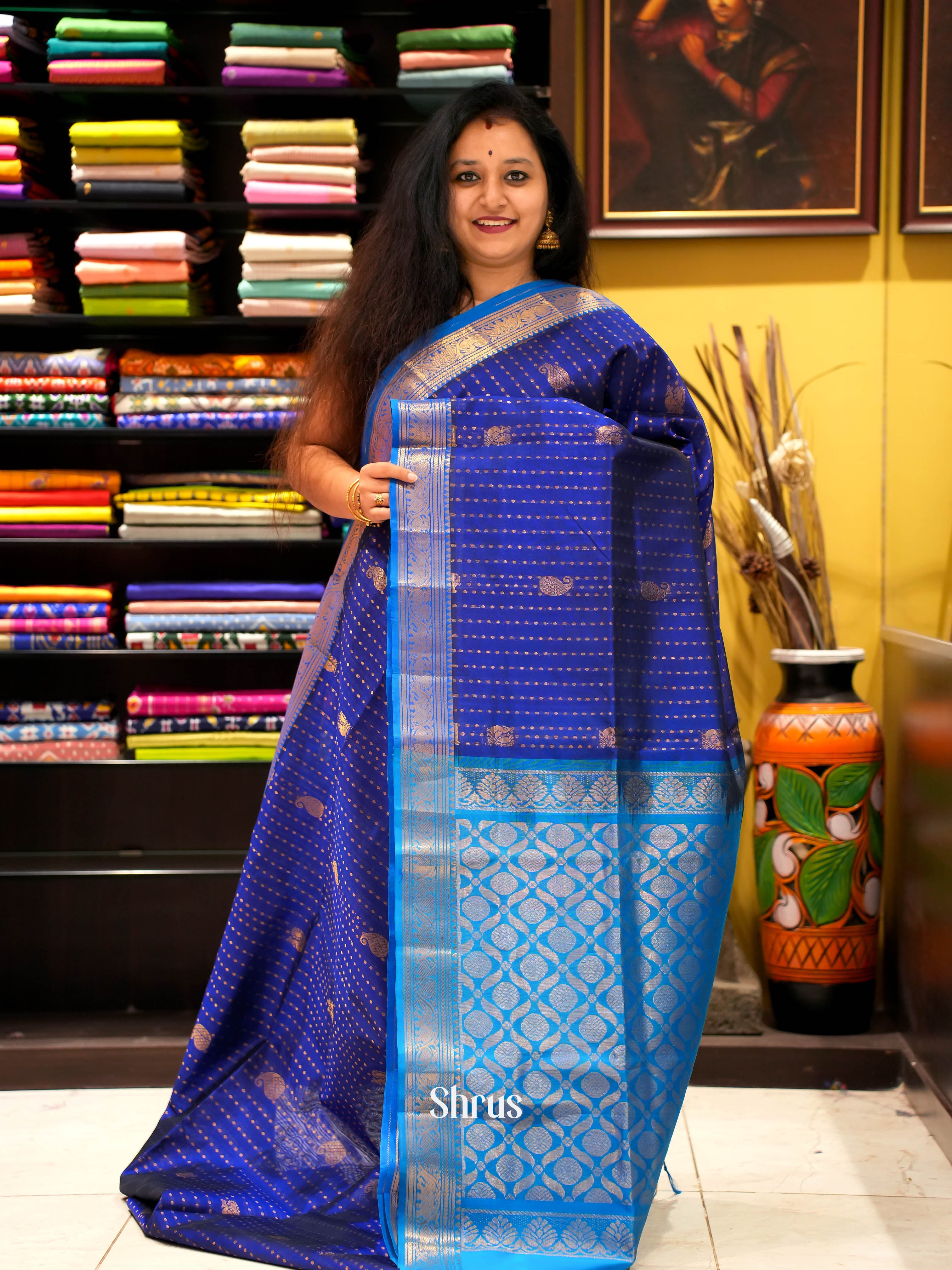 Blue & Teal - Silk Cotton Saree - Shop on ShrusEternity.com