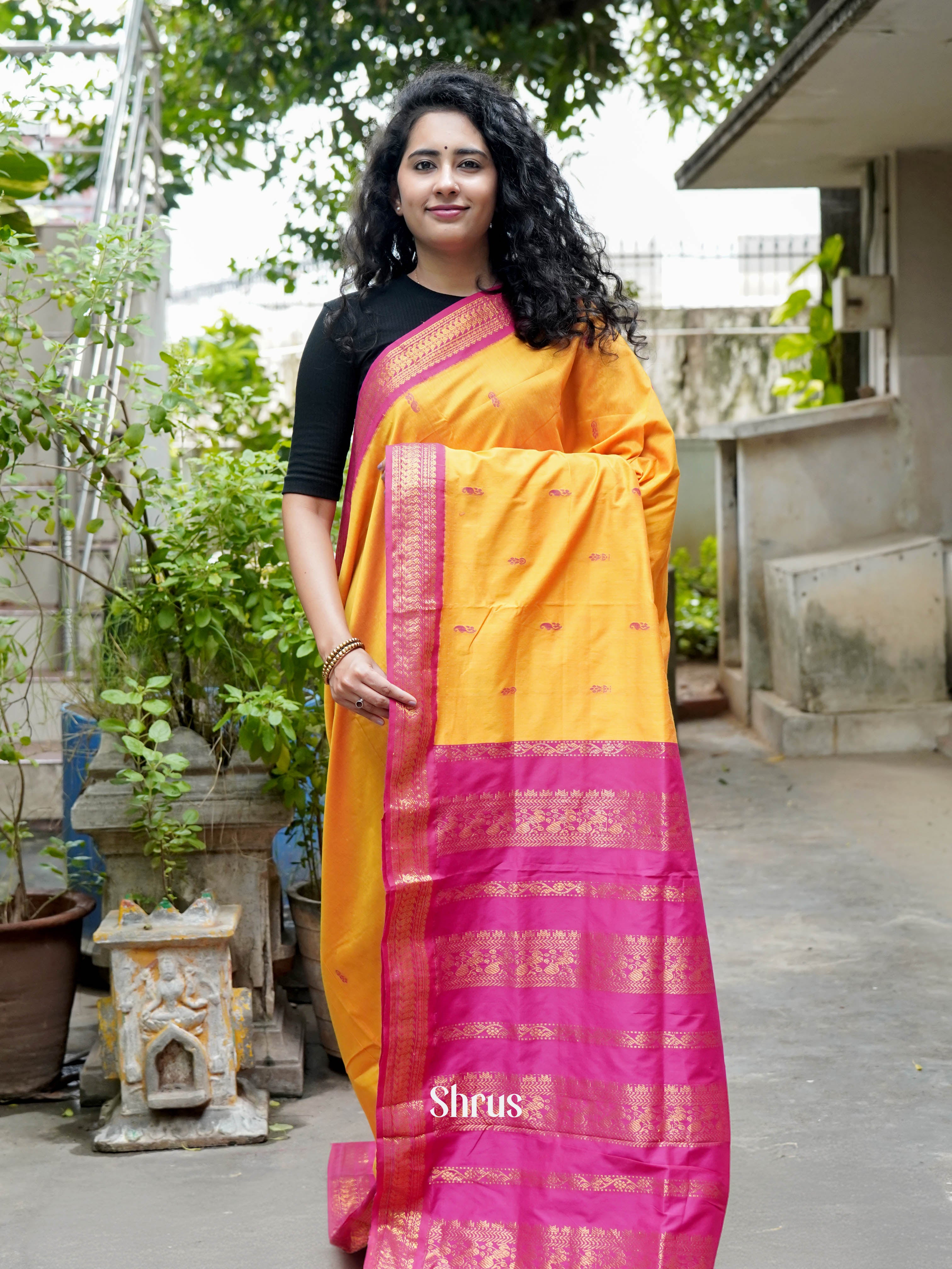 Yellow & Pink - Kalyani Cotton Saree - Shop on ShrusEternity.com
