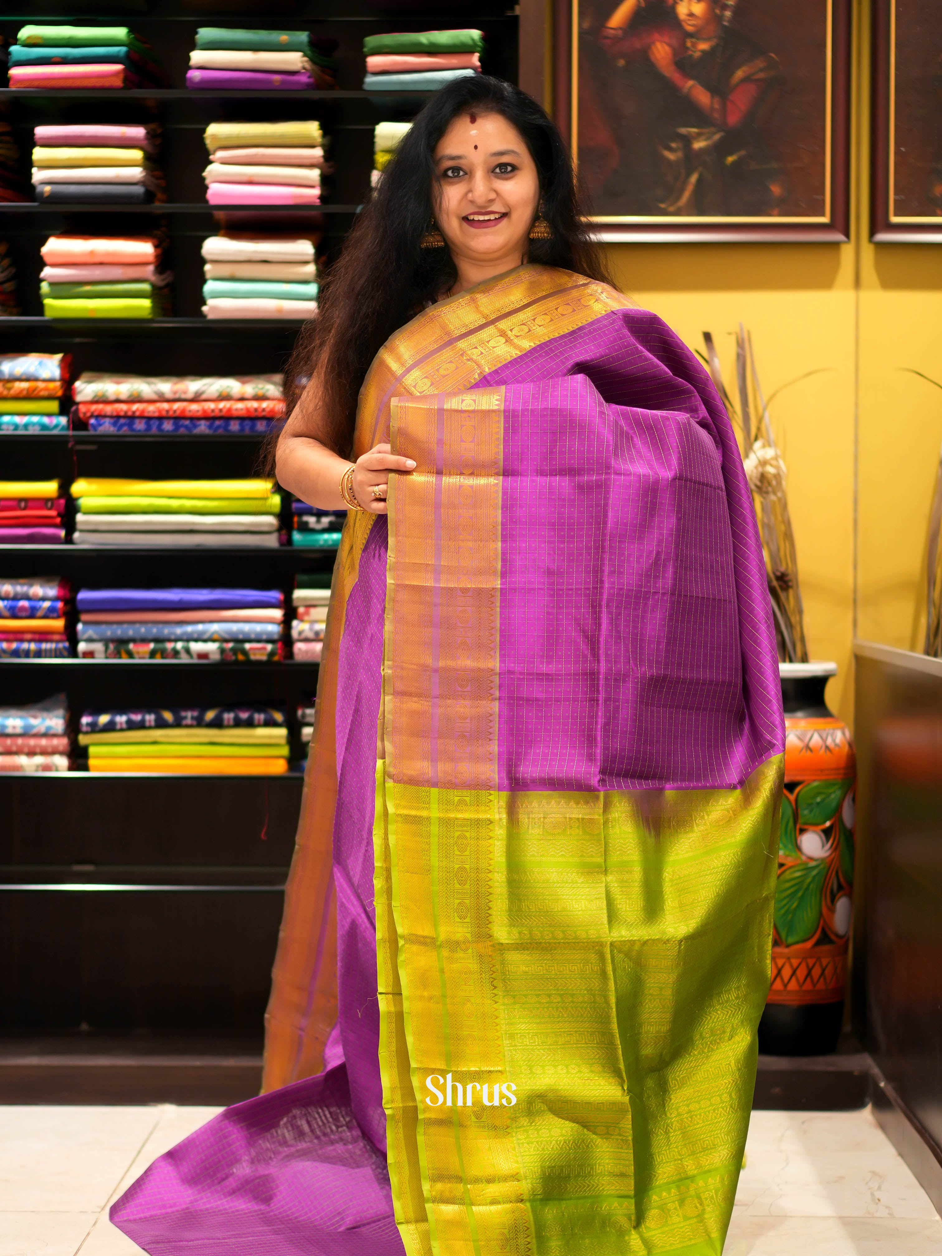 Purple & Green - Silk Cotton Saree - Shop on ShrusEternity.com