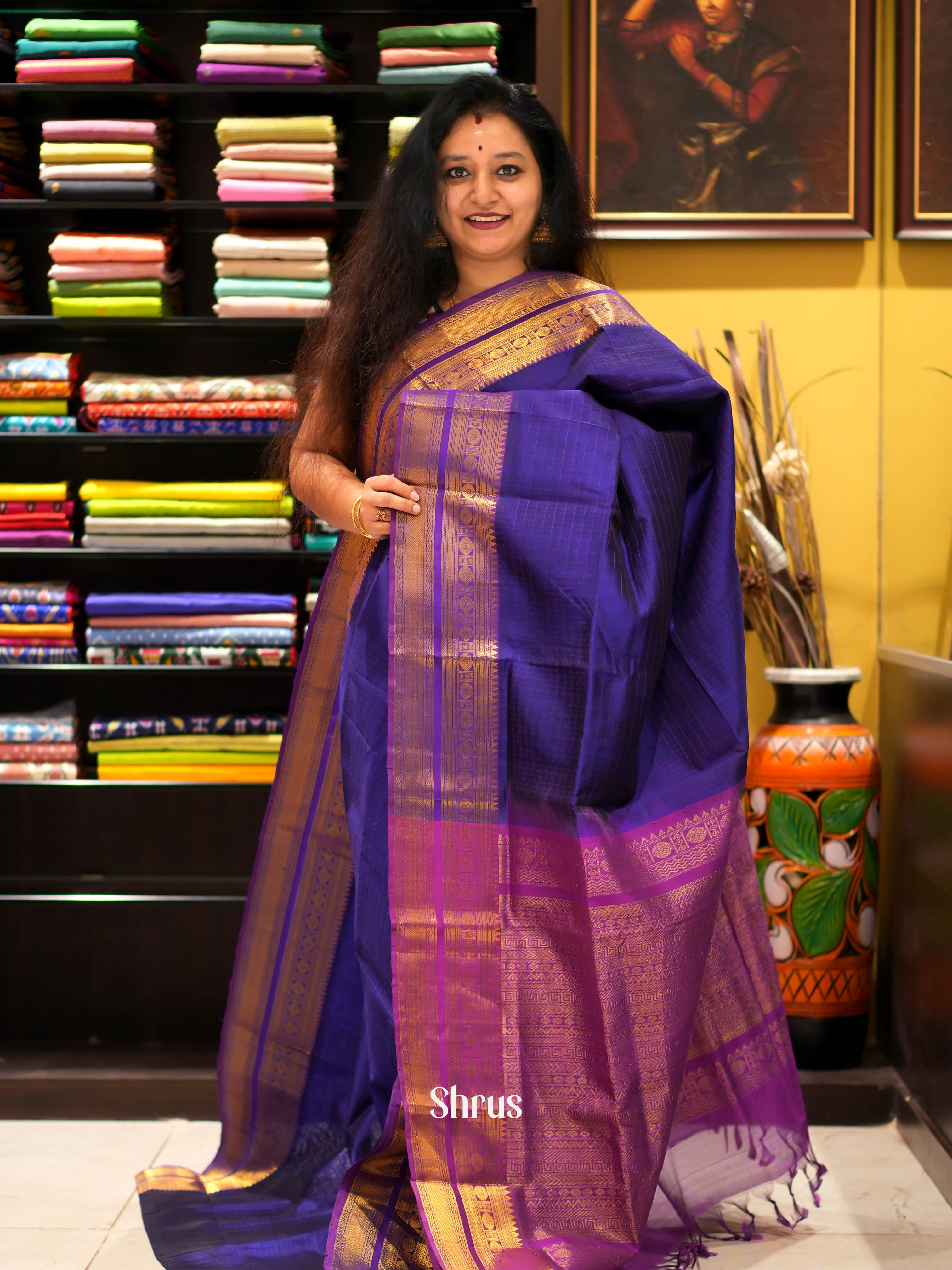 Blue & Purple - Silk Cotton Saree - Shop on ShrusEternity.com