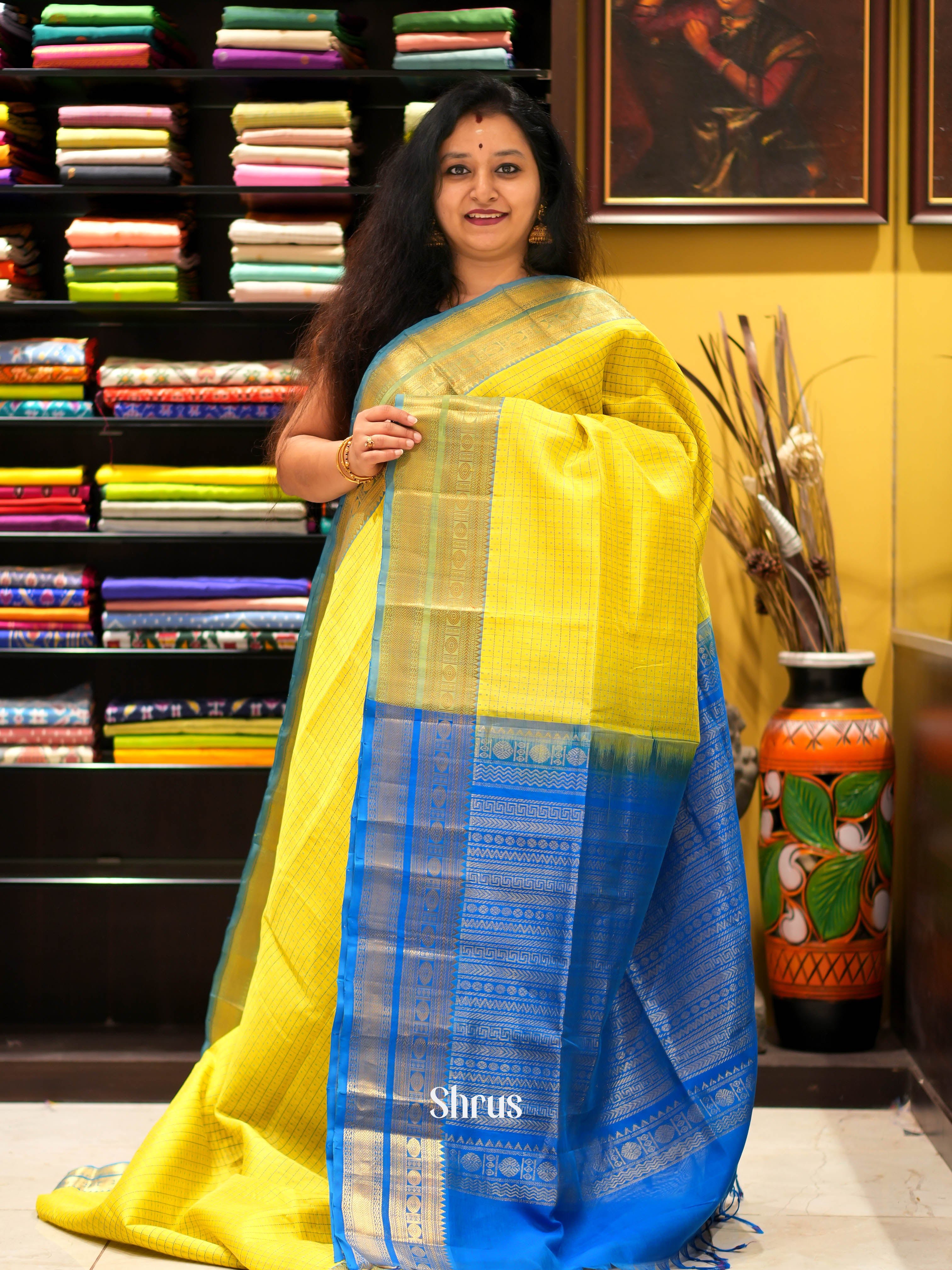 Yellow & Blue - Silk Cotton Saree - Shop on ShrusEternity.com