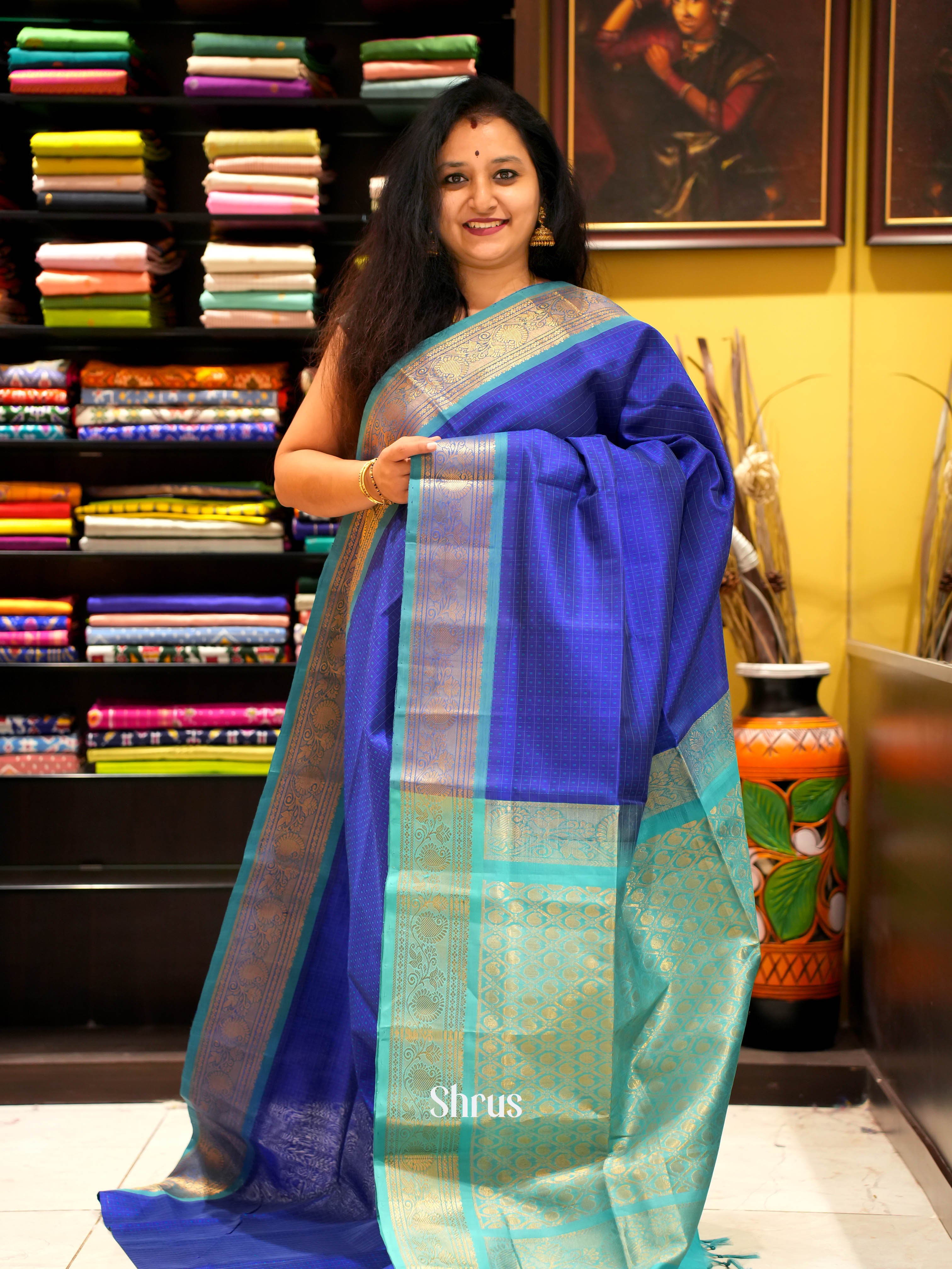 Blue & Teal - Silk Cotton Saree - Shop on ShrusEternity.com