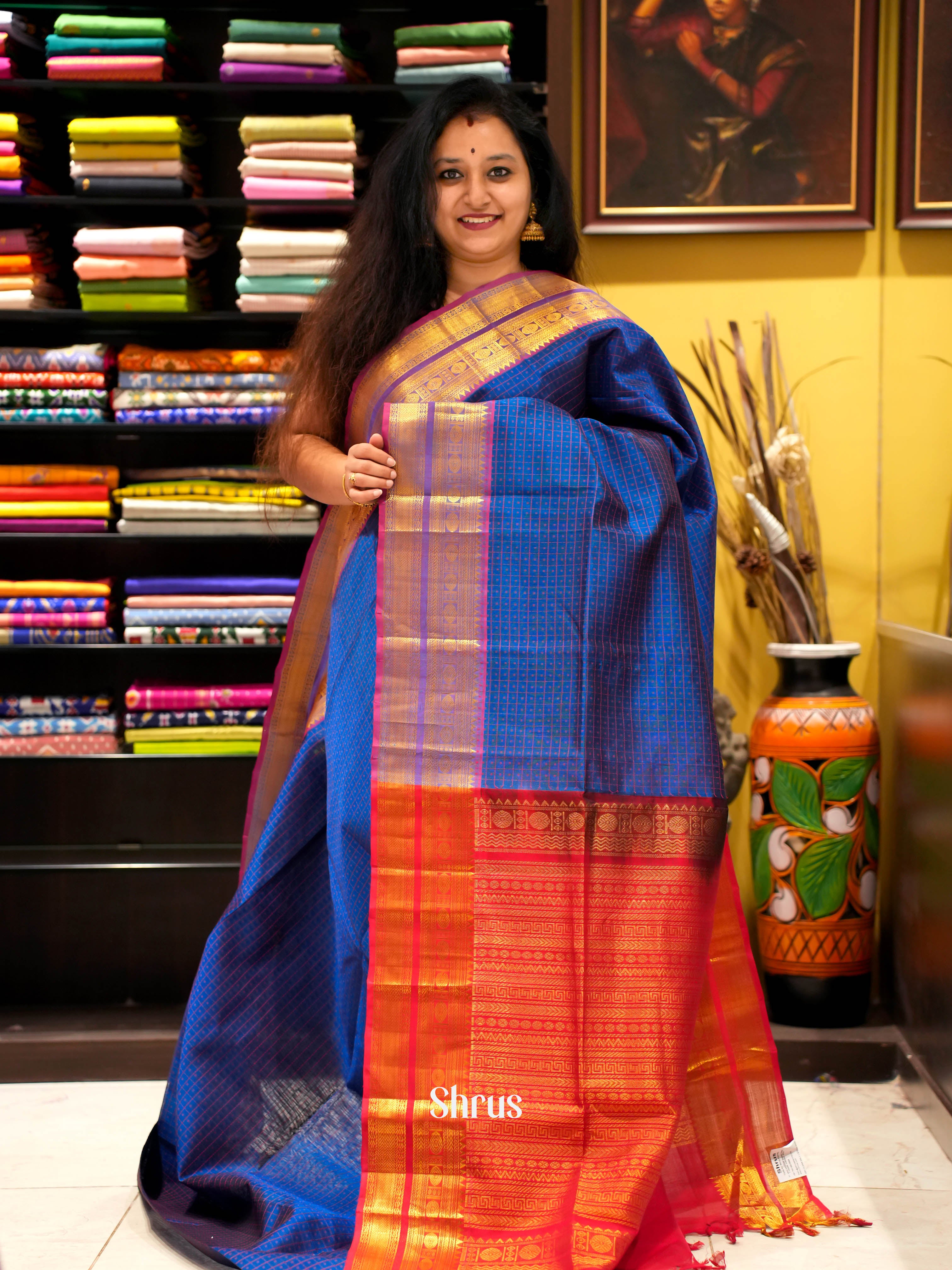Blue & Red - Silk Cotton Saree - Shop on ShrusEternity.com