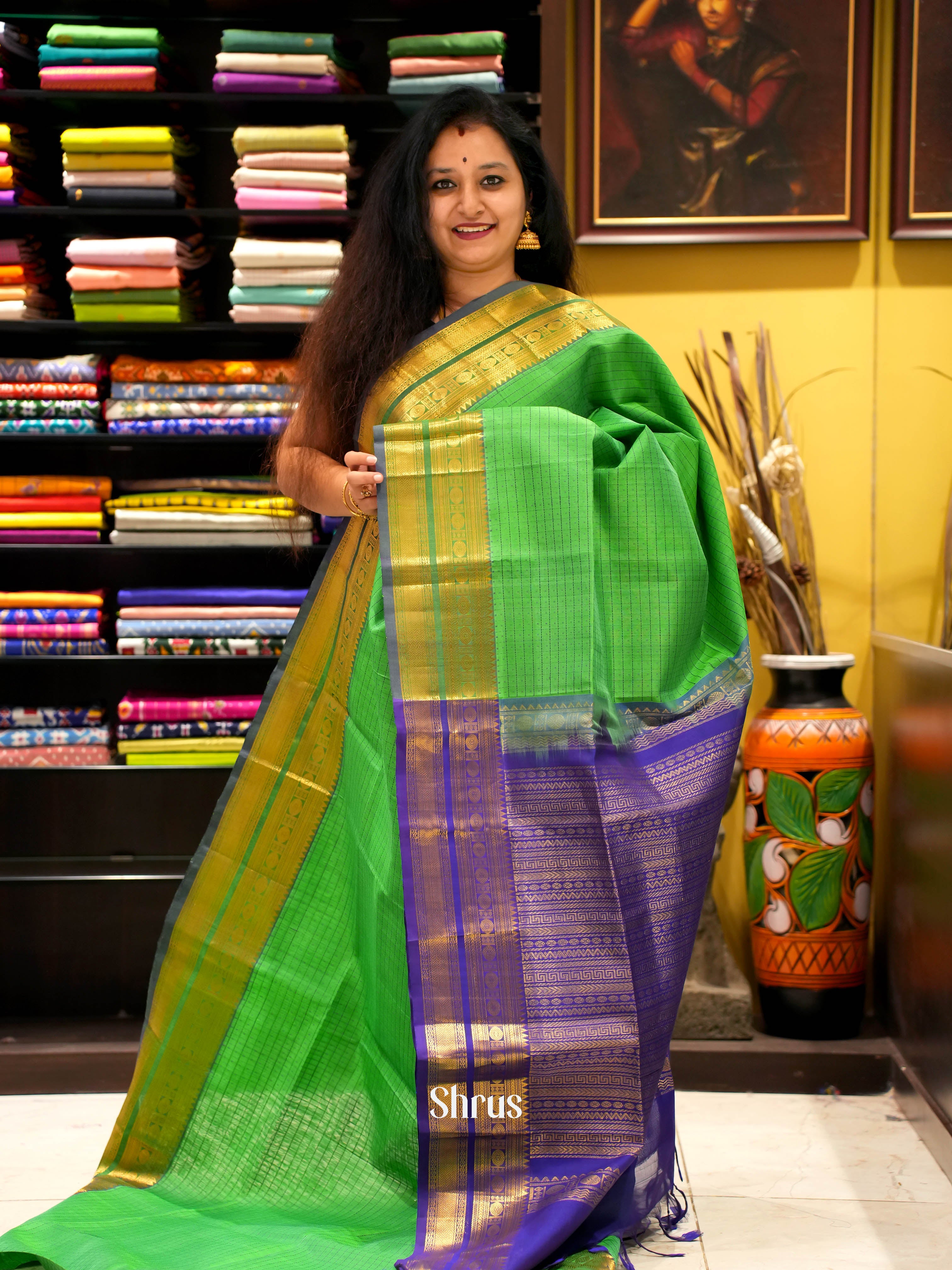 Green & Violet - Silk Cotton Saree - Shop on ShrusEternity.com