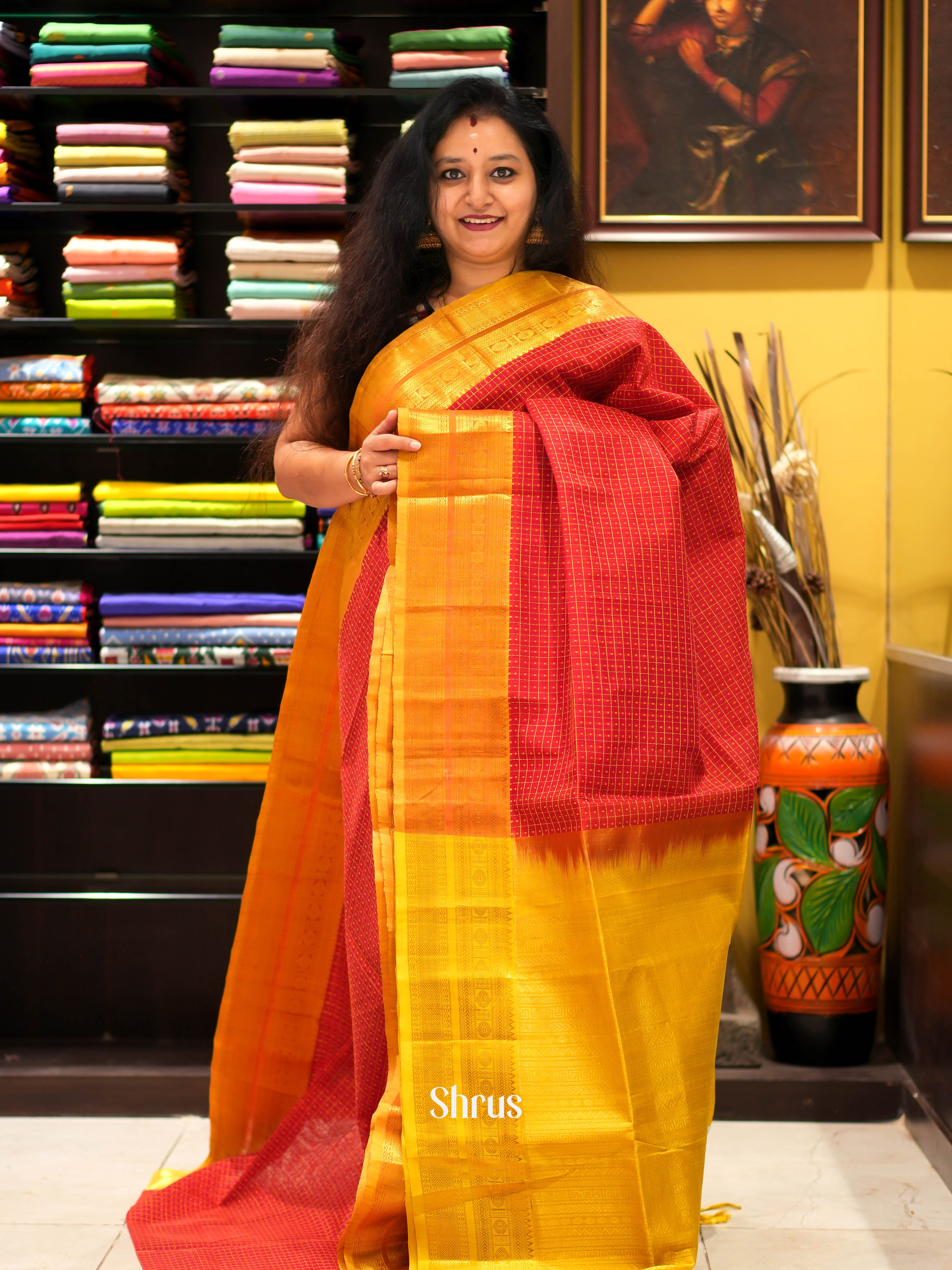Red & Yellow - Silk Cotton Saree - Shop on ShrusEternity.com