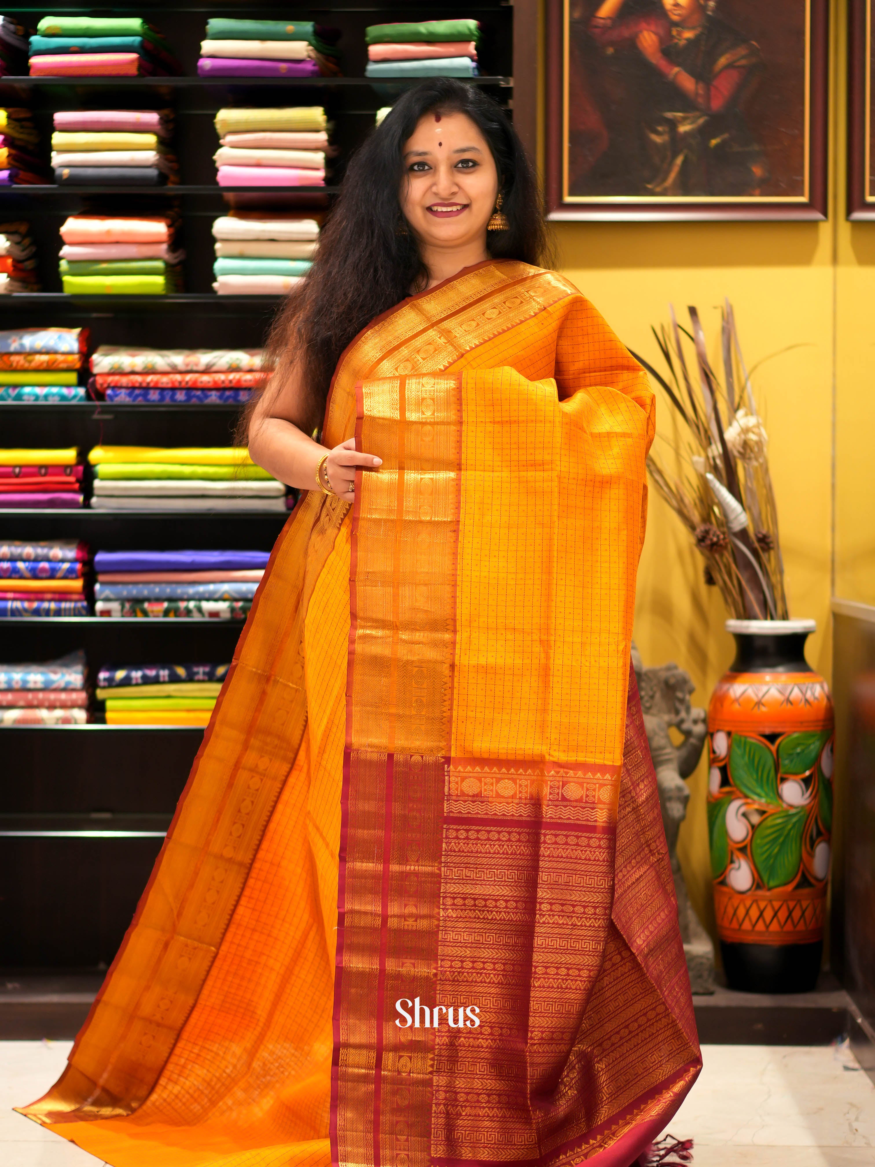 Mustard & Maroon - Silk Cotton Saree - Shop on ShrusEternity.com