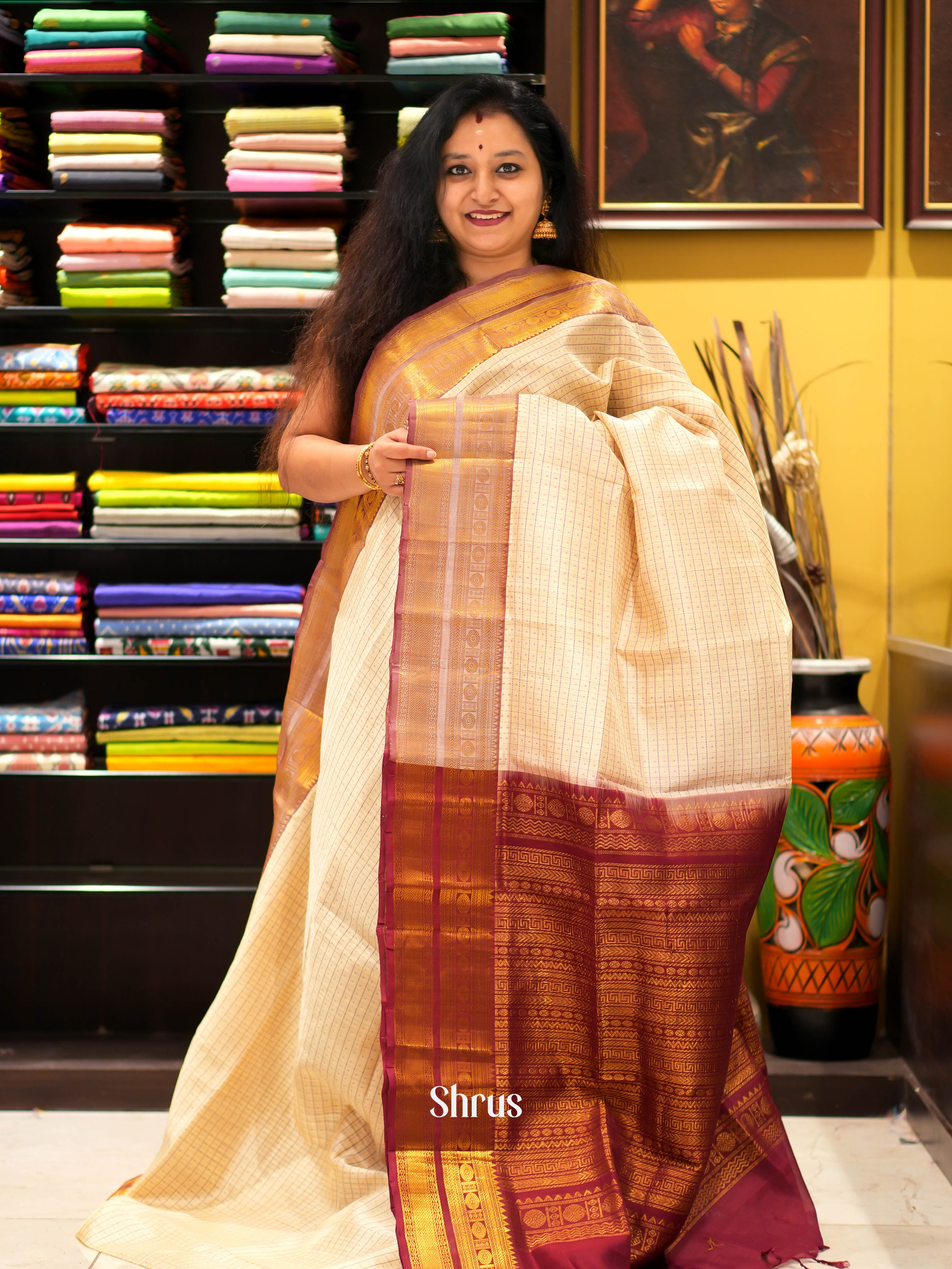 Cream & Maroon - Silk Cotton Saree - Shop on ShrusEternity.com