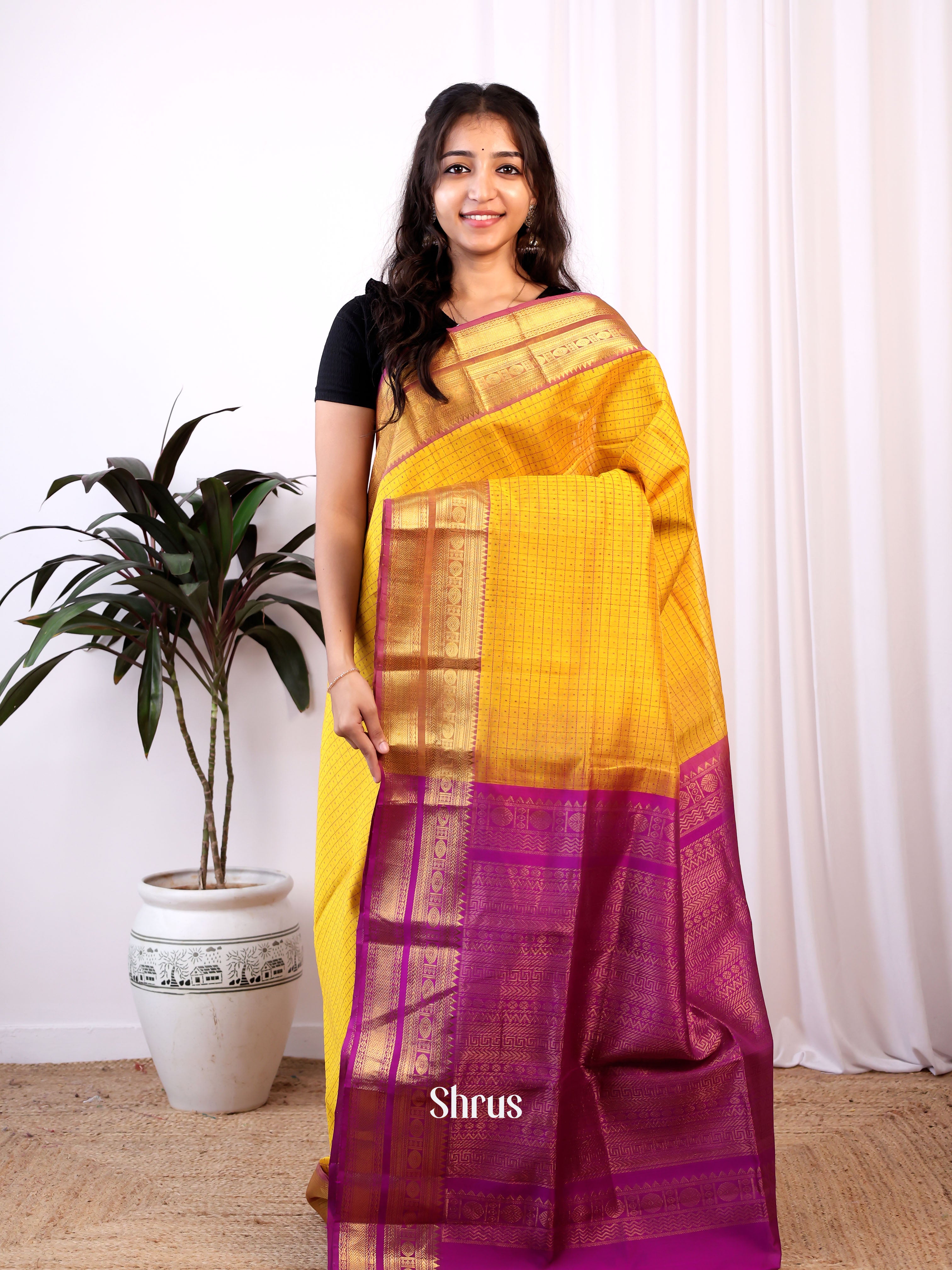 Yellow & Majenta - Silk Cotton Saree - Shop on ShrusEternity.com