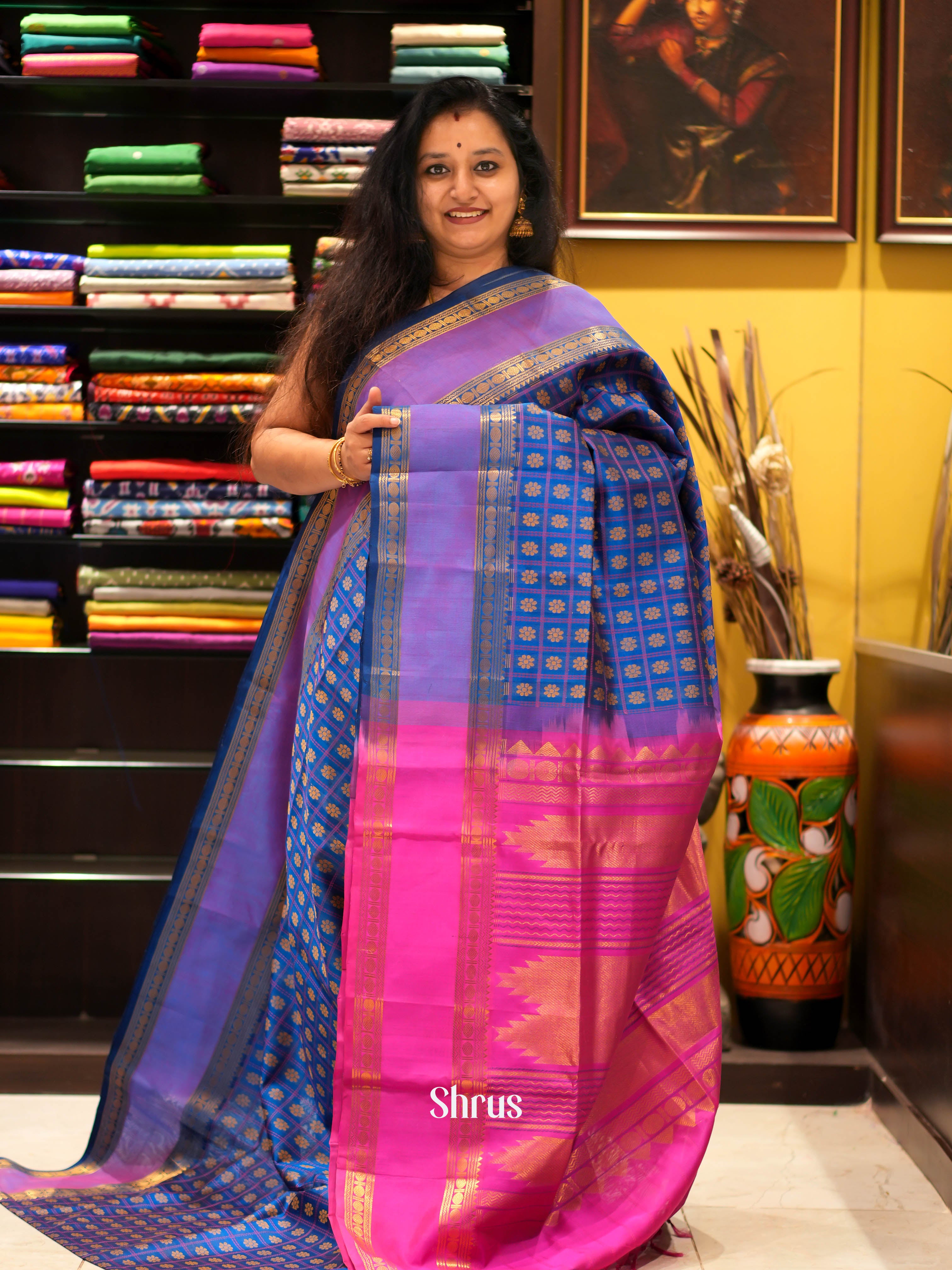 Blue & Pink - Silk Cotton Saree - Shop on ShrusEternity.com