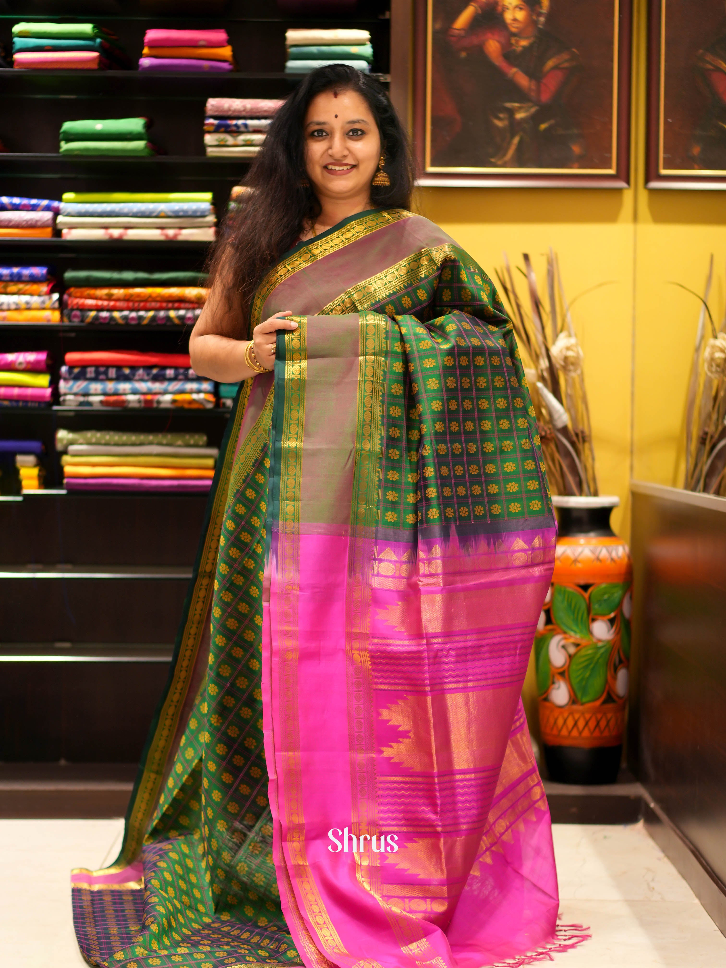 Green & Pink- Silk Cotton Saree - Shop on ShrusEternity.com