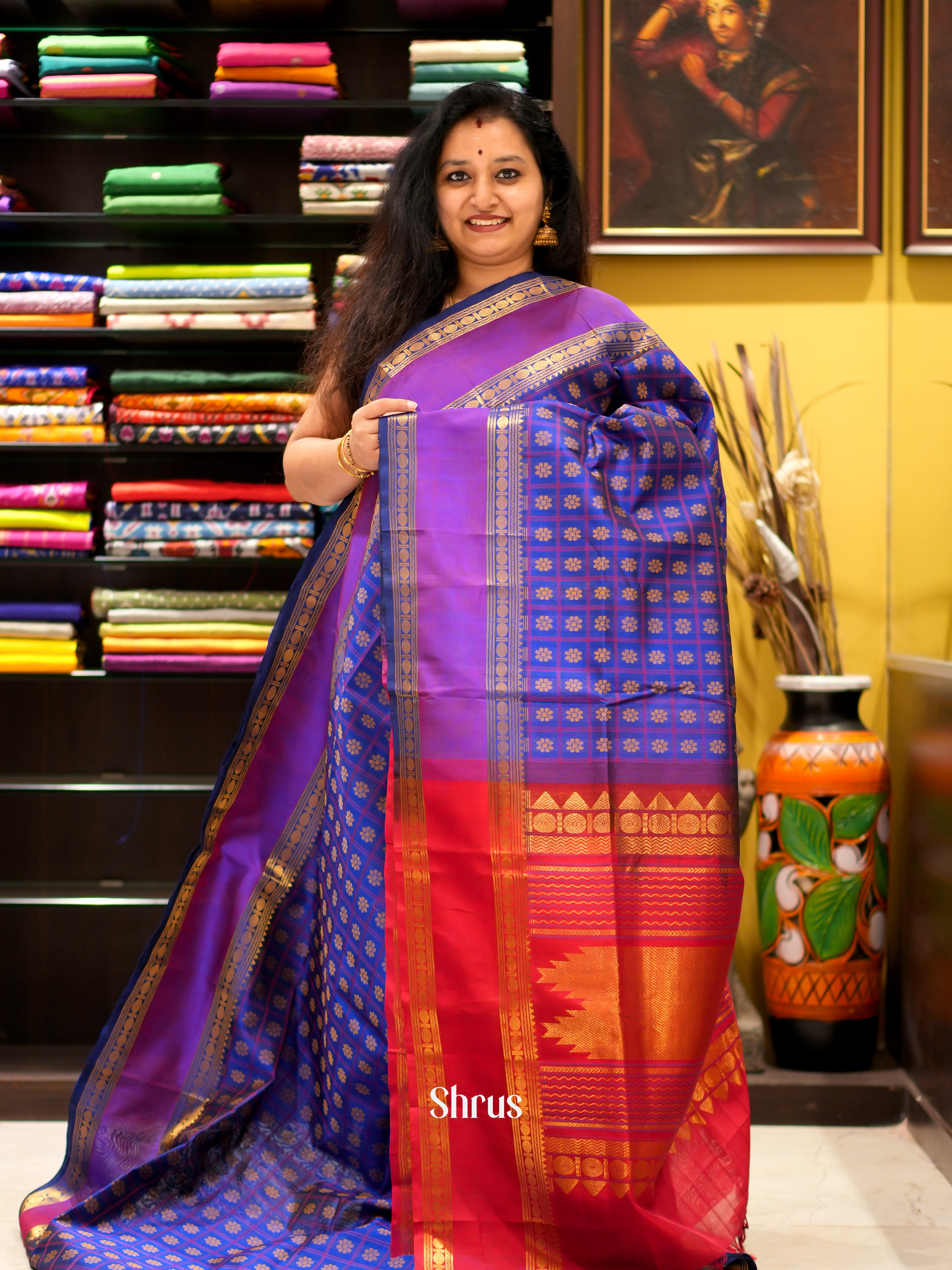 Purple & Red - Silk Cotton Saree - Shop on ShrusEternity.com