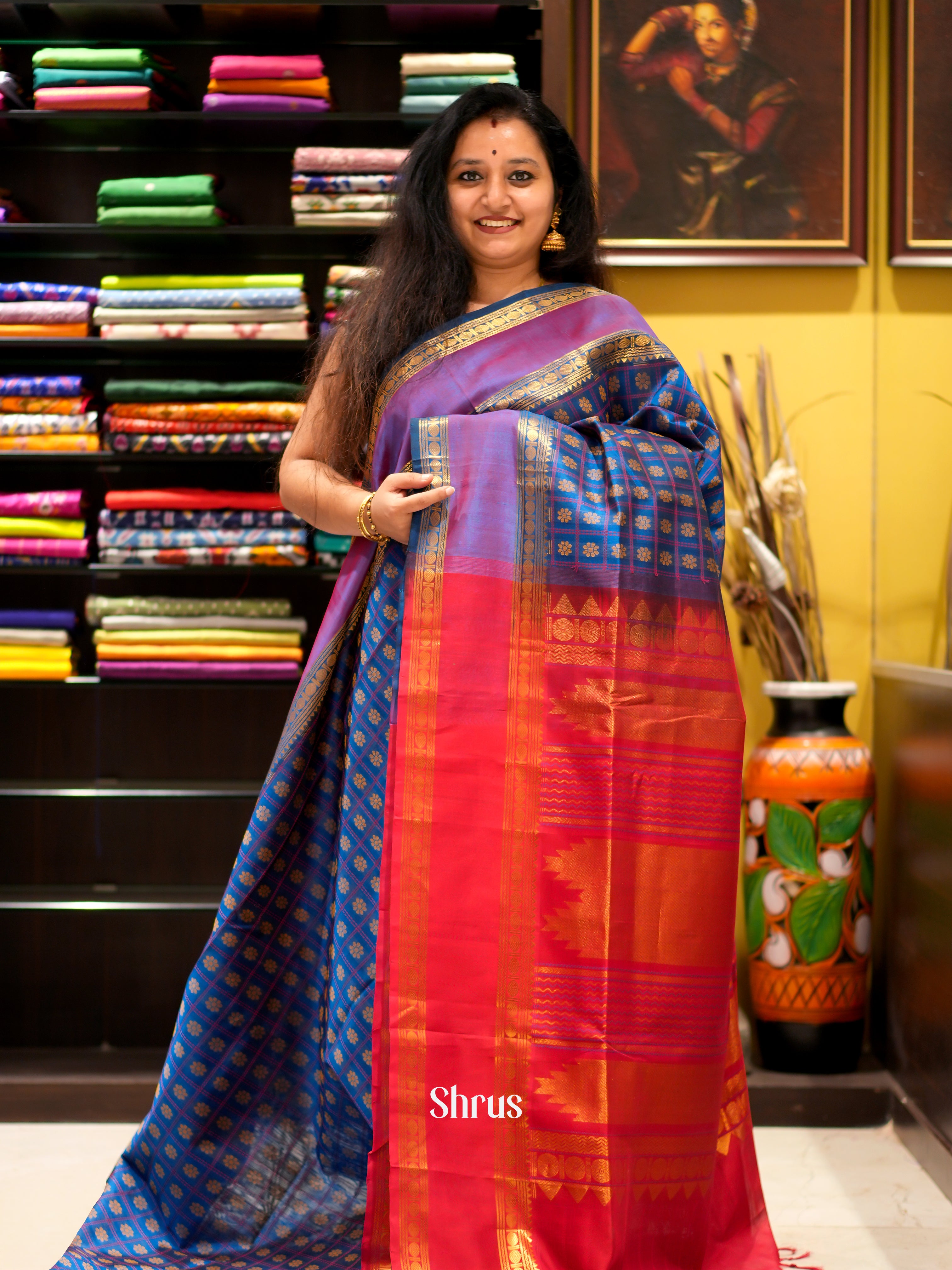 Blue & Red - Silk Cotton Saree - Shop on ShrusEternity.com