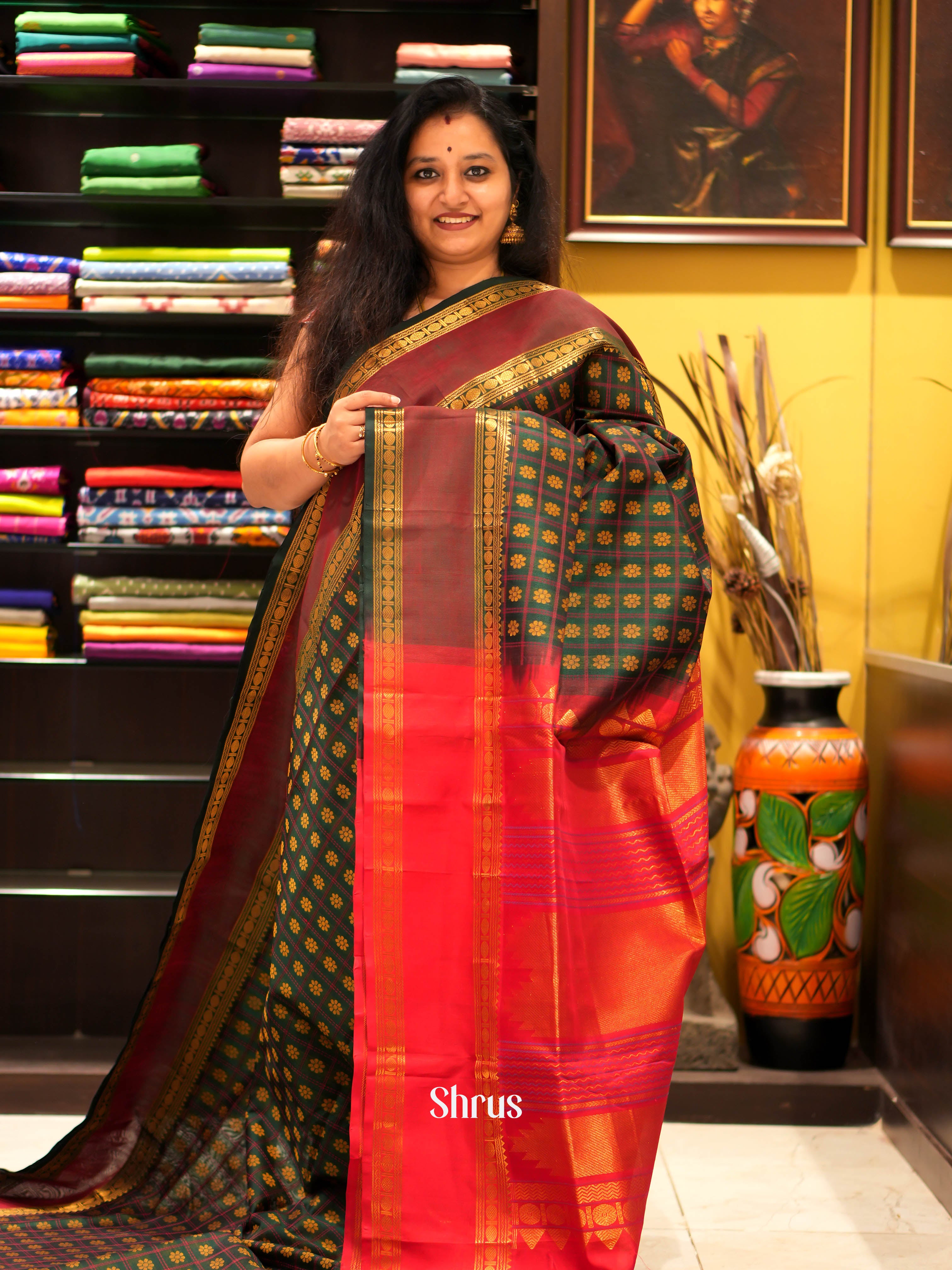 Green & Red - Silk Cotton Saree - Shop on ShrusEternity.com