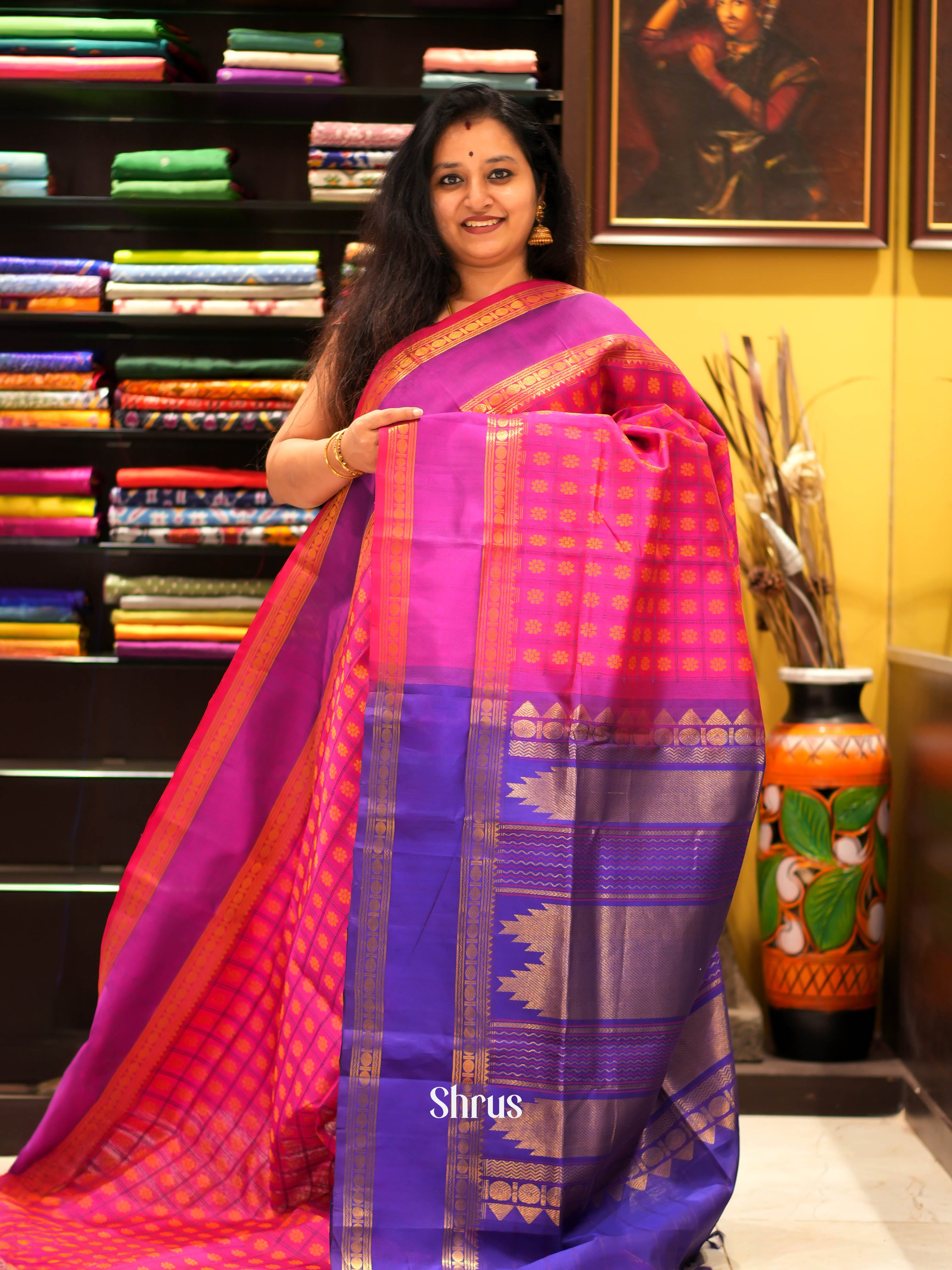 Pink & Violet - Silk Cotton Saree - Shop on ShrusEternity.com