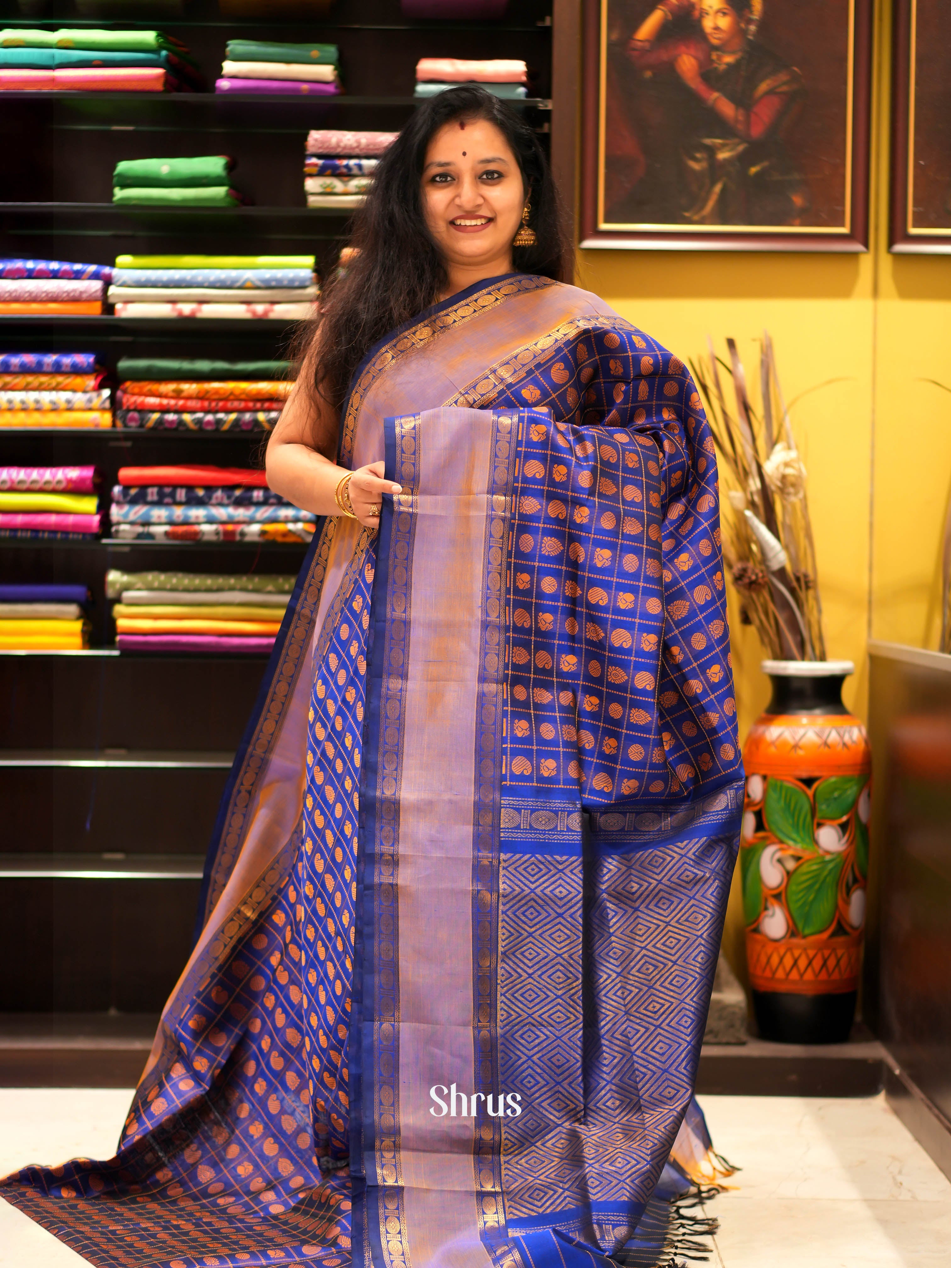 Blue & Grey - Silk Cotton Saree - Shop on ShrusEternity.com