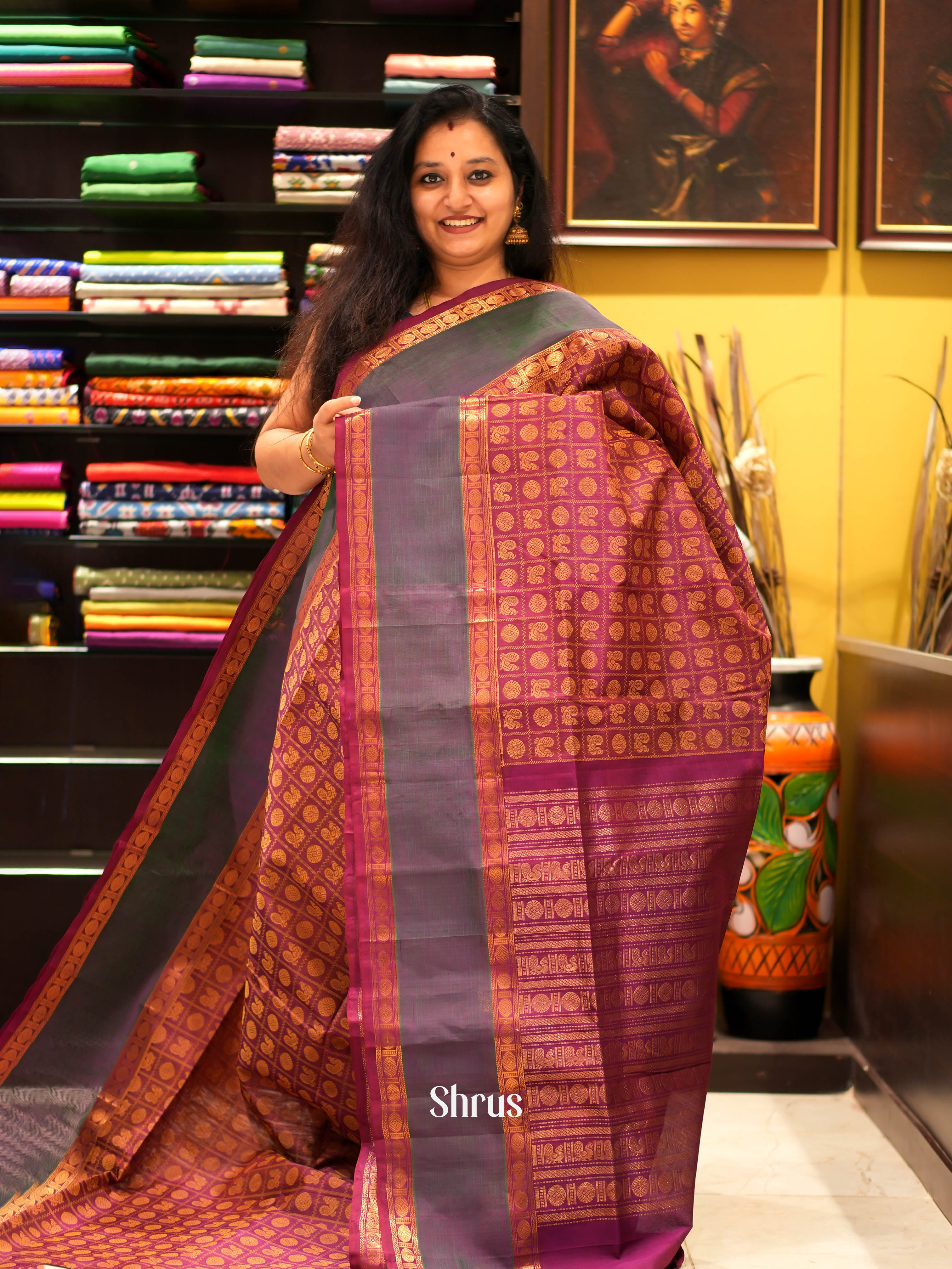Maroon & Green - Silk Cotton Saree - Shop on ShrusEternity.com
