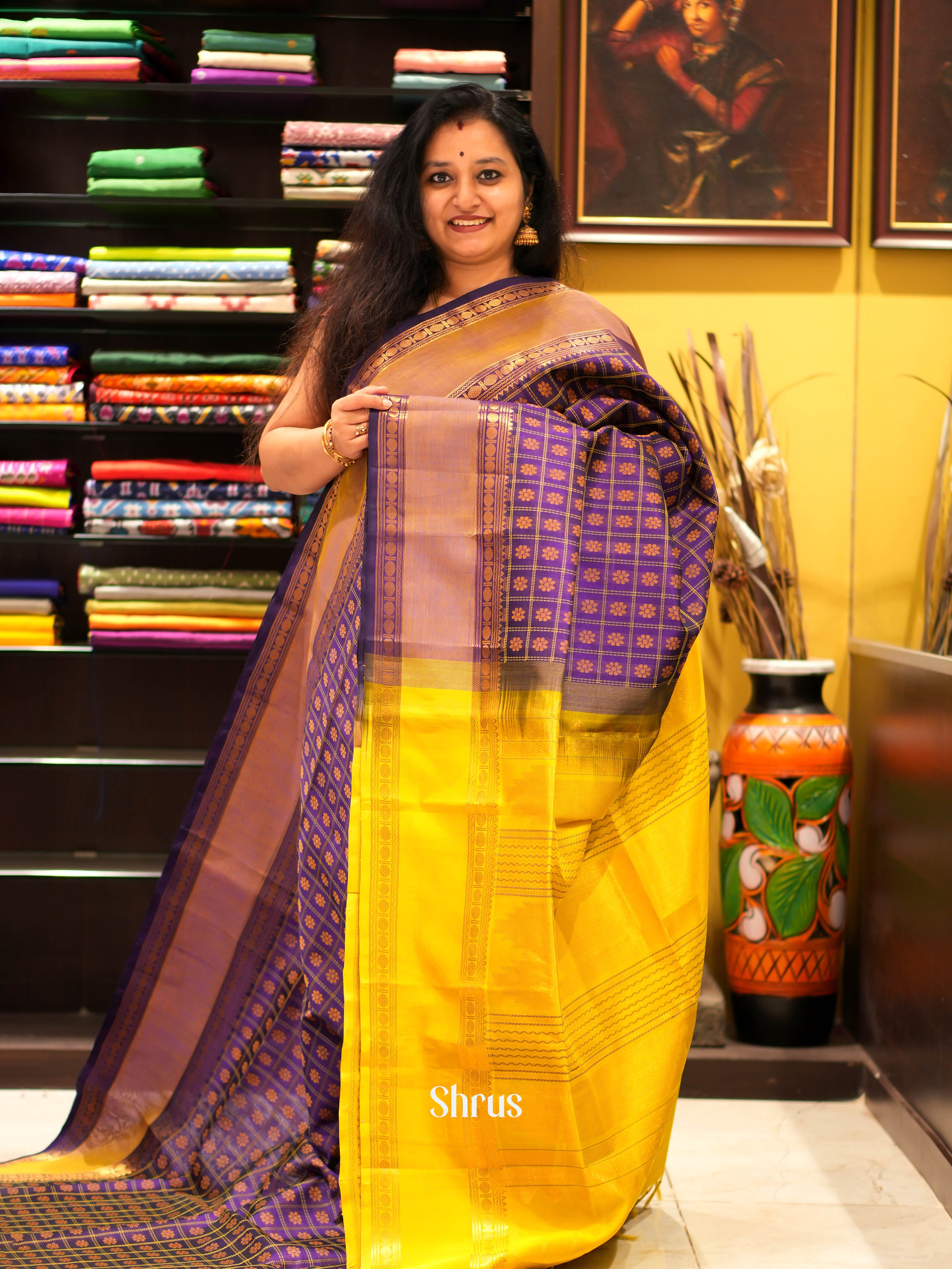 Purple & Yellow - Silk Cotton Saree - Shop on ShrusEternity.com