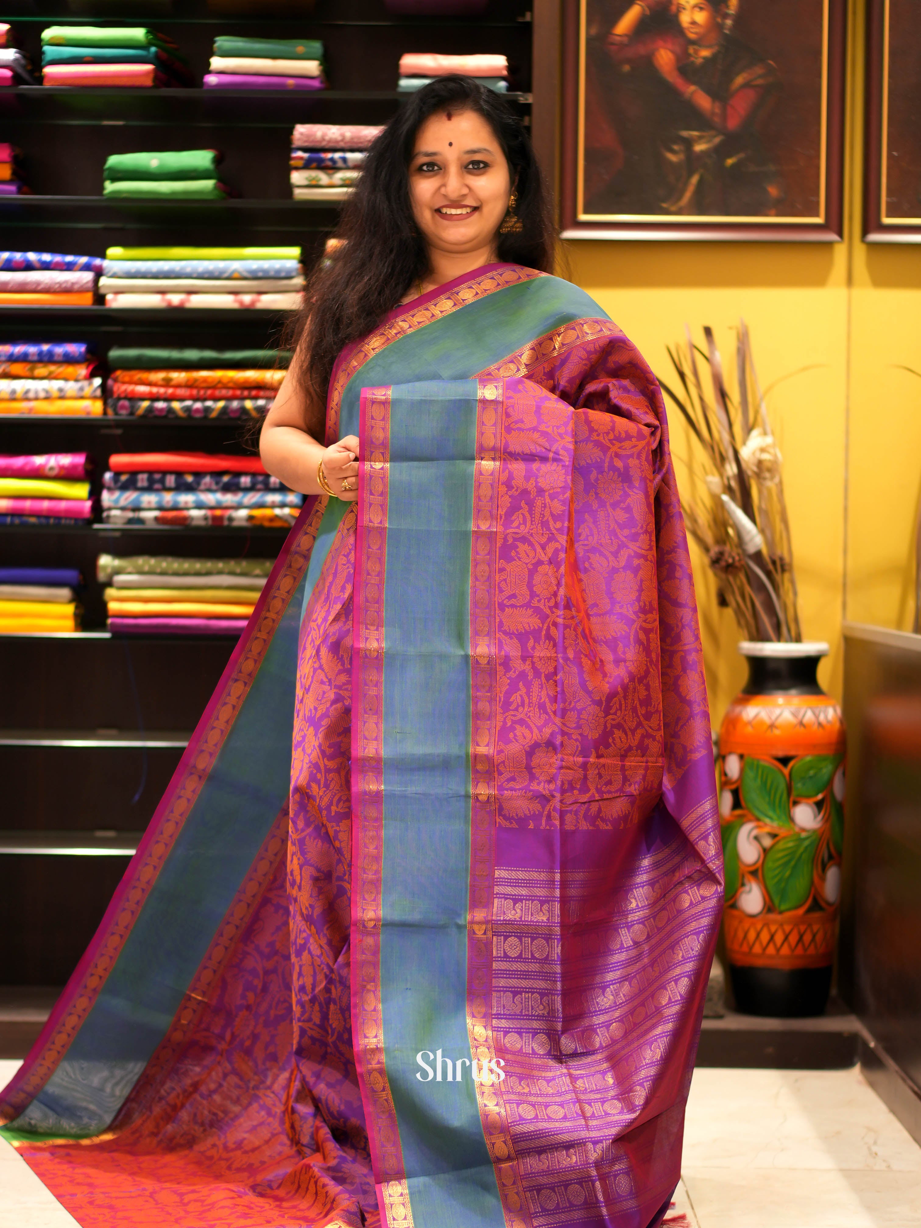 Purple & Green - Silk Cotton Saree - Shop on ShrusEternity.com