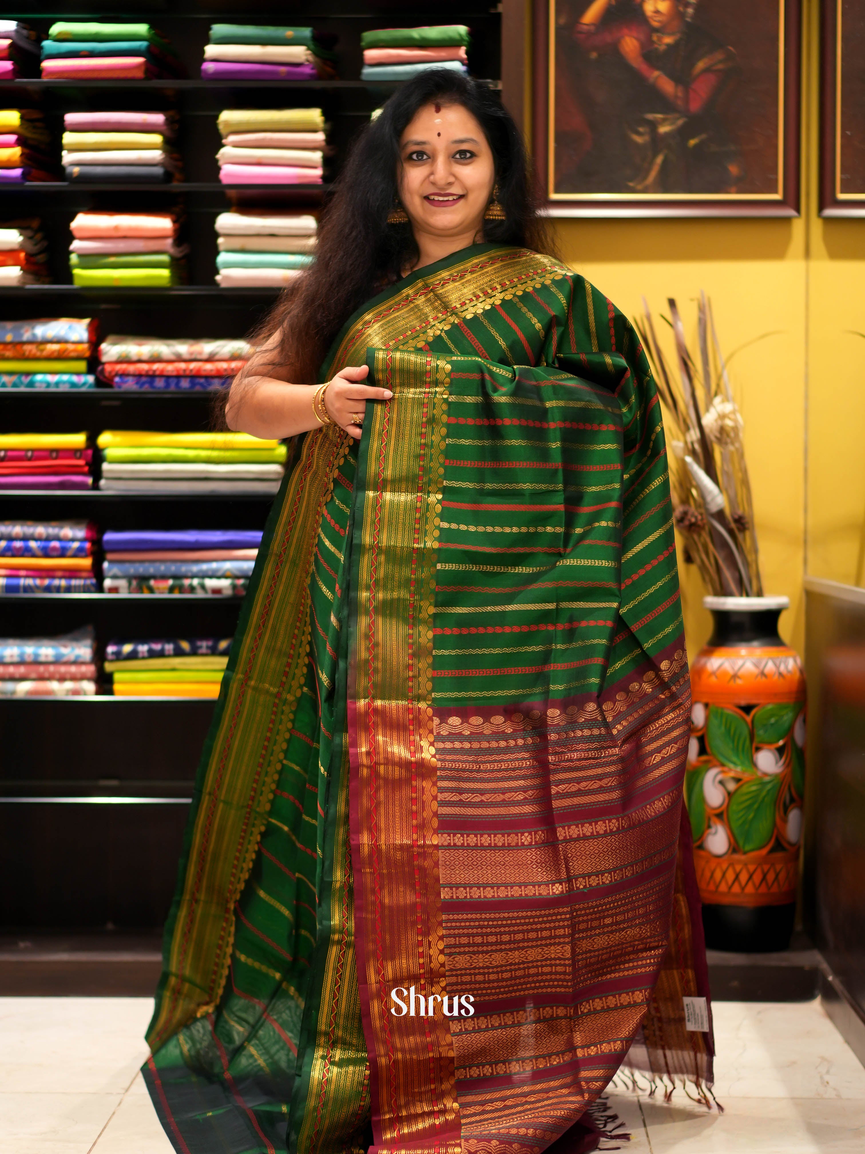 Green & Maroon - Silk Cotton Saree - Shop on ShrusEternity.com