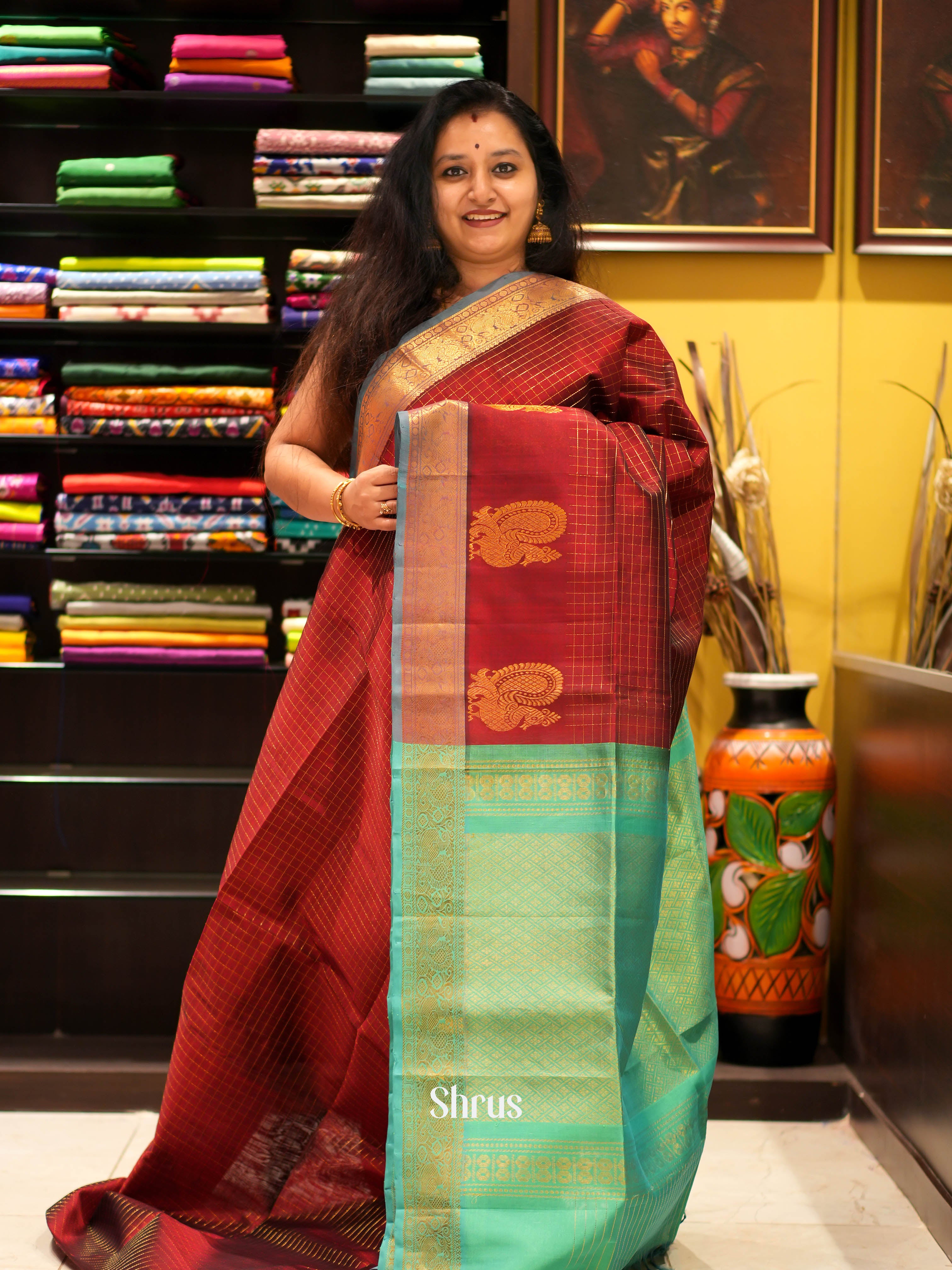Maroon & Green - Silk Cotton Saree - Shop on ShrusEternity.com