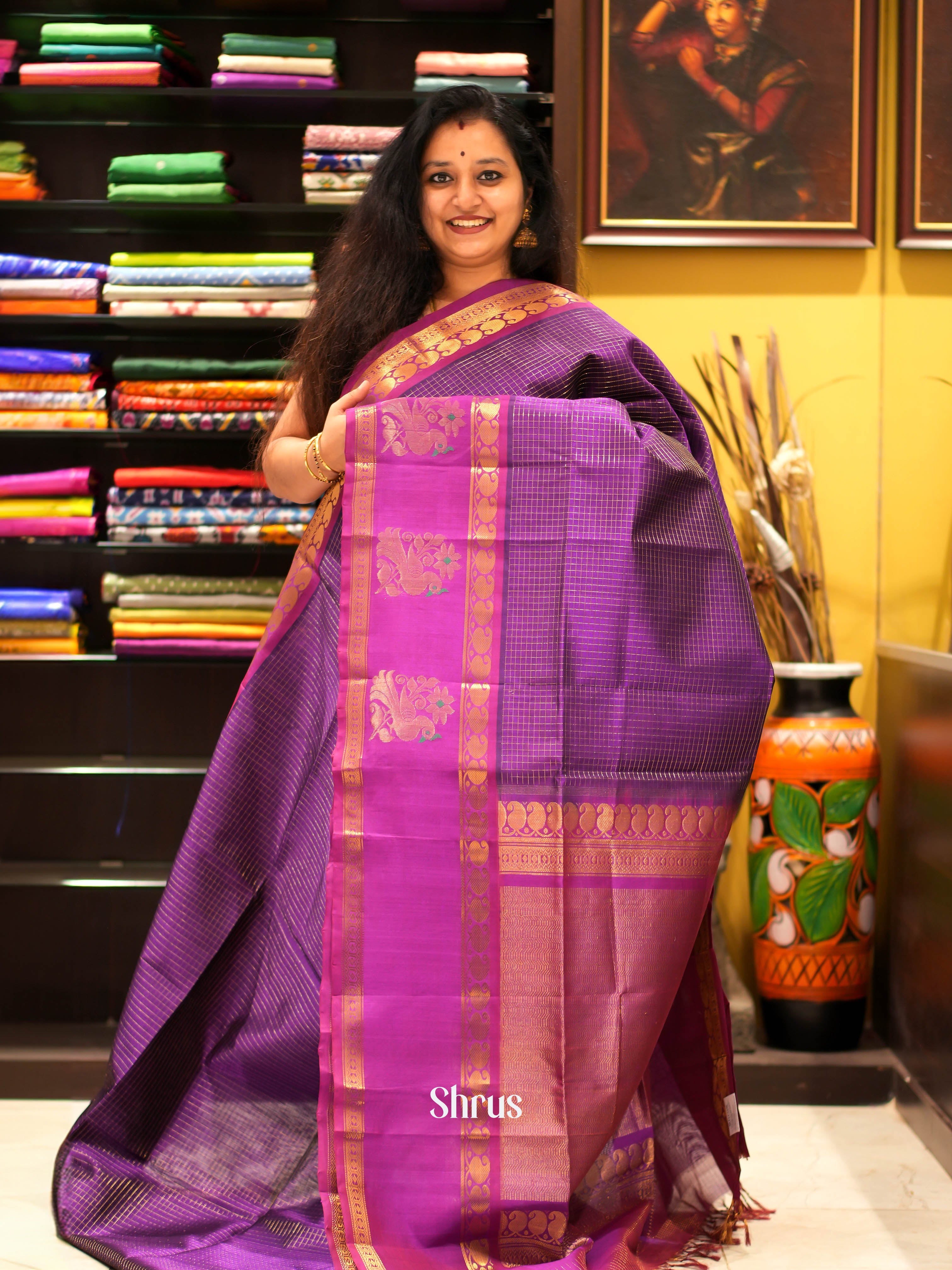 Purple & Pink - Silk Cotton Saree - Shop on ShrusEternity.com