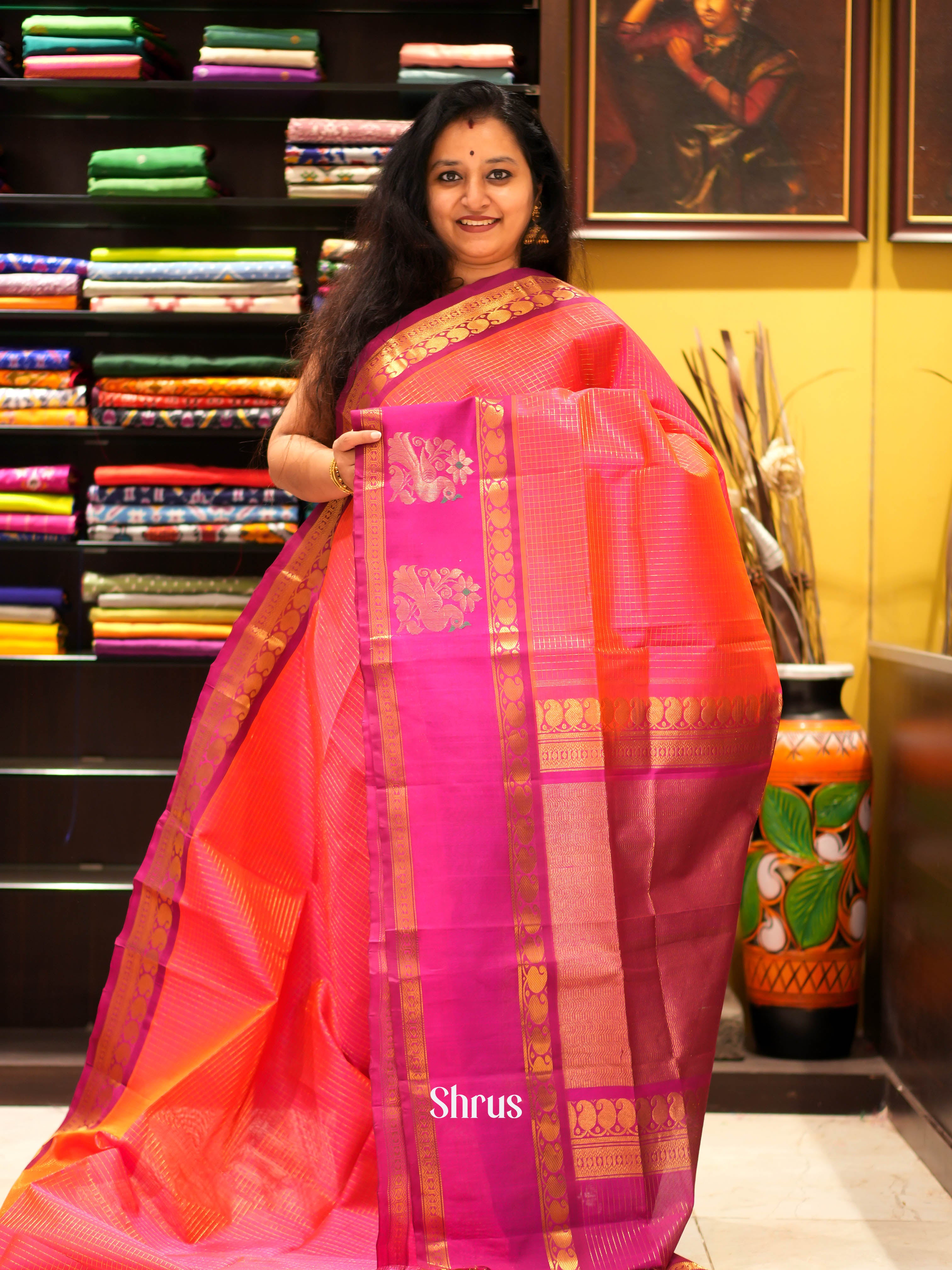Orangish Pink & pink - Silk Cotton Saree - Shop on ShrusEternity.com