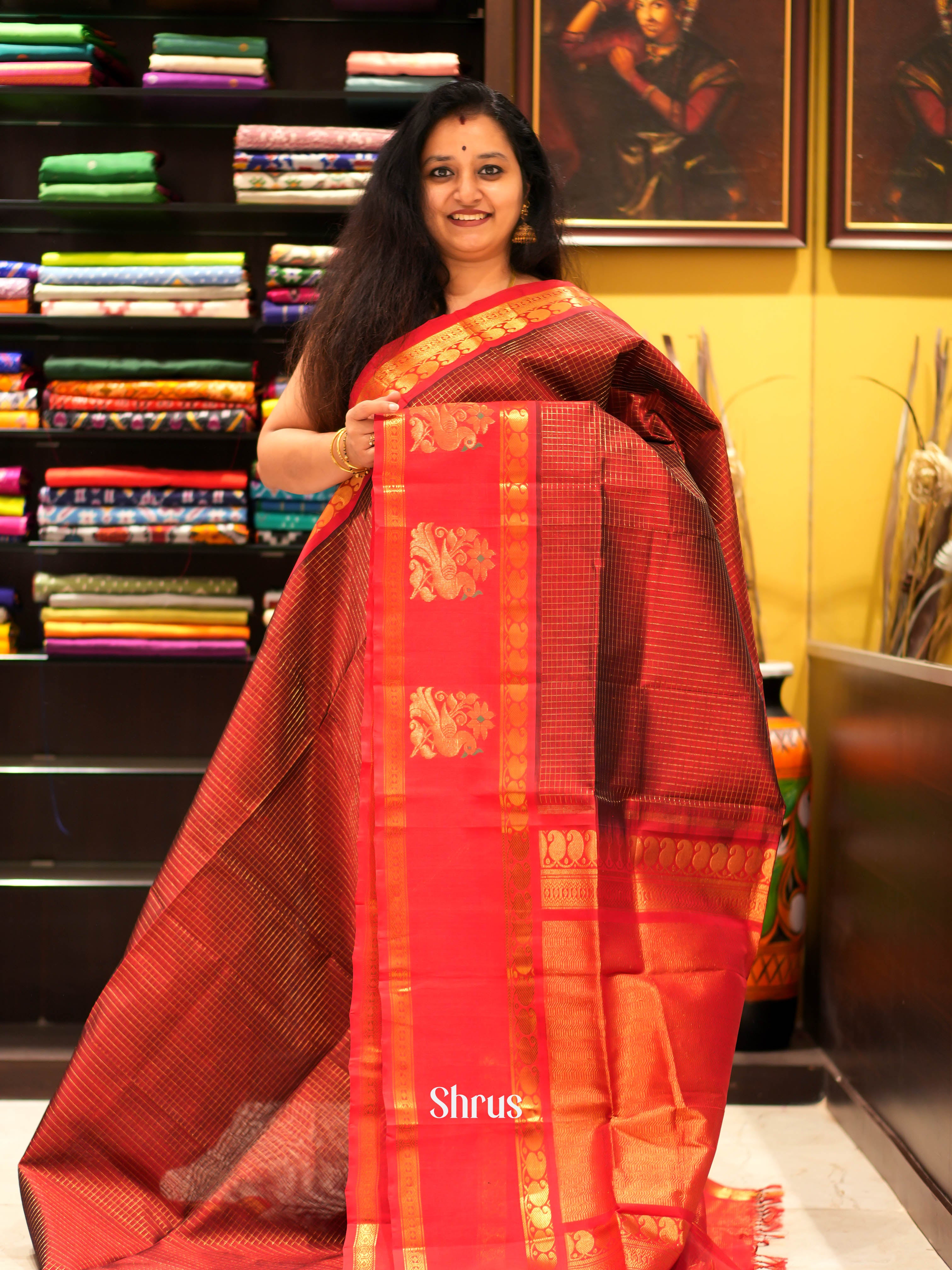 Maroon & Red - Silk Cotton Saree - Shop on ShrusEternity.com
