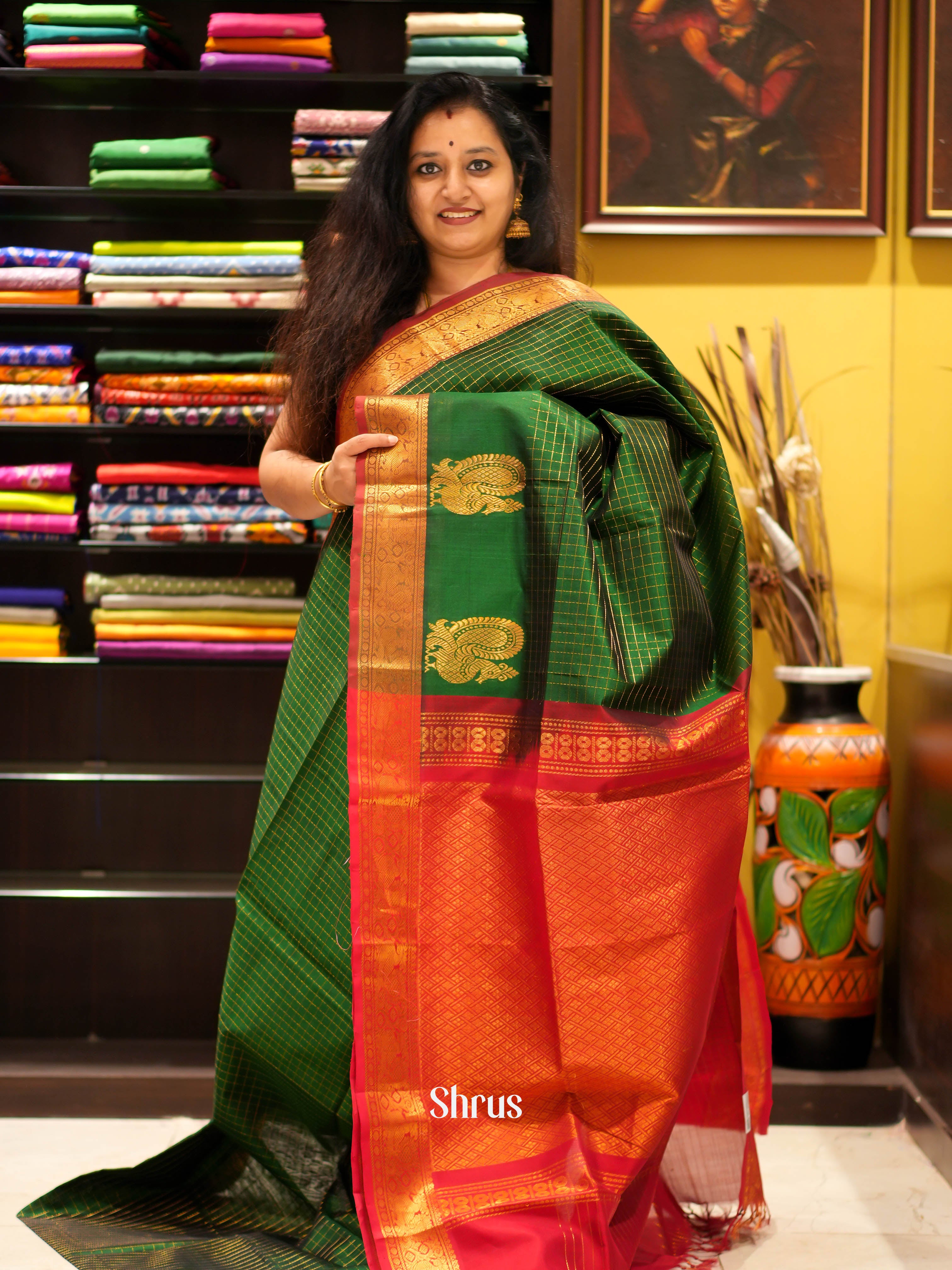 Green & Red - Silk Cotton Saree - Shop on ShrusEternity.com