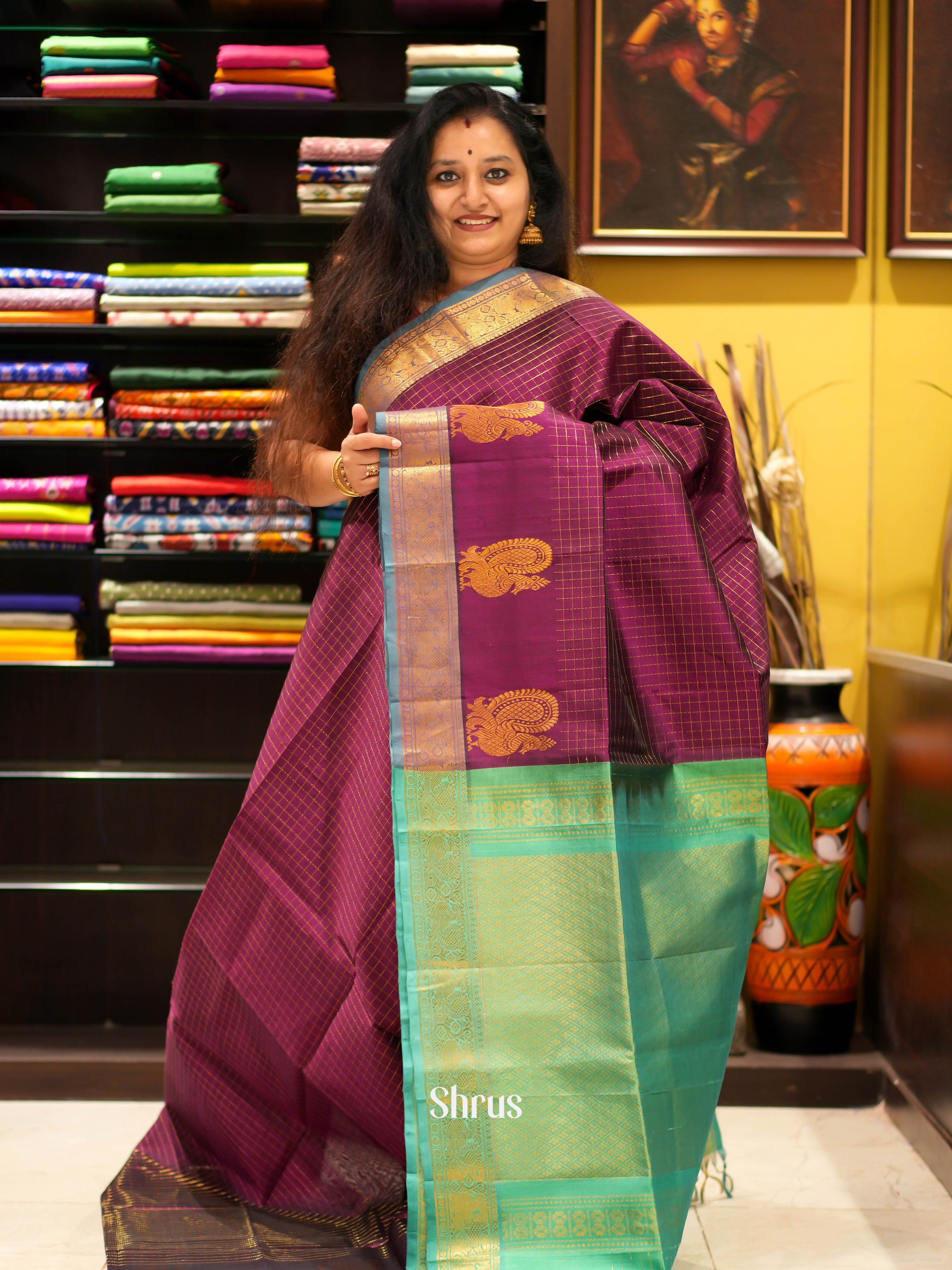 Wine & Green - Silk Cotton Saree - Shop on ShrusEternity.com