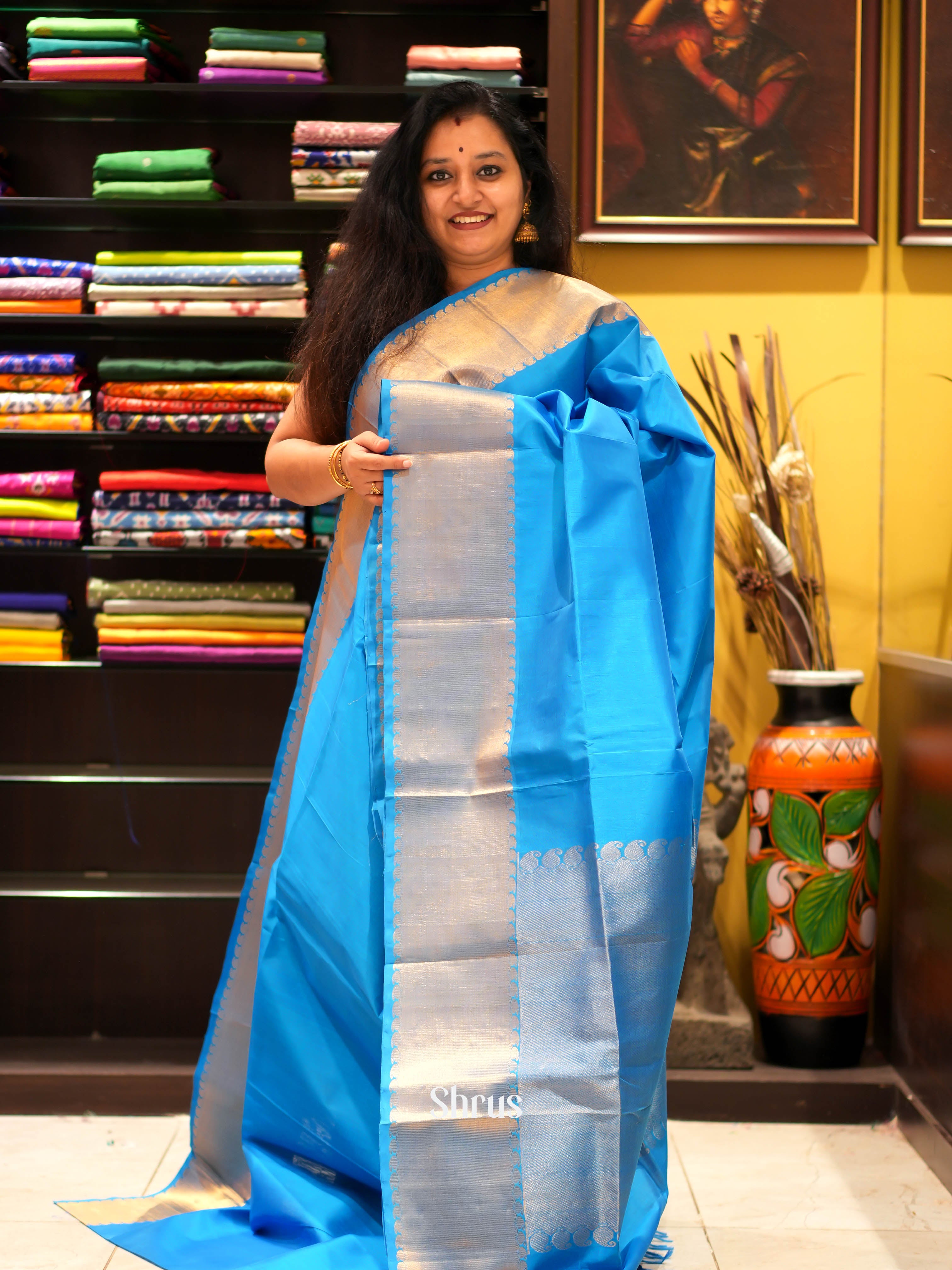 Blue(Single Tone) - Silk Cotton Saree - Shop on ShrusEternity.com