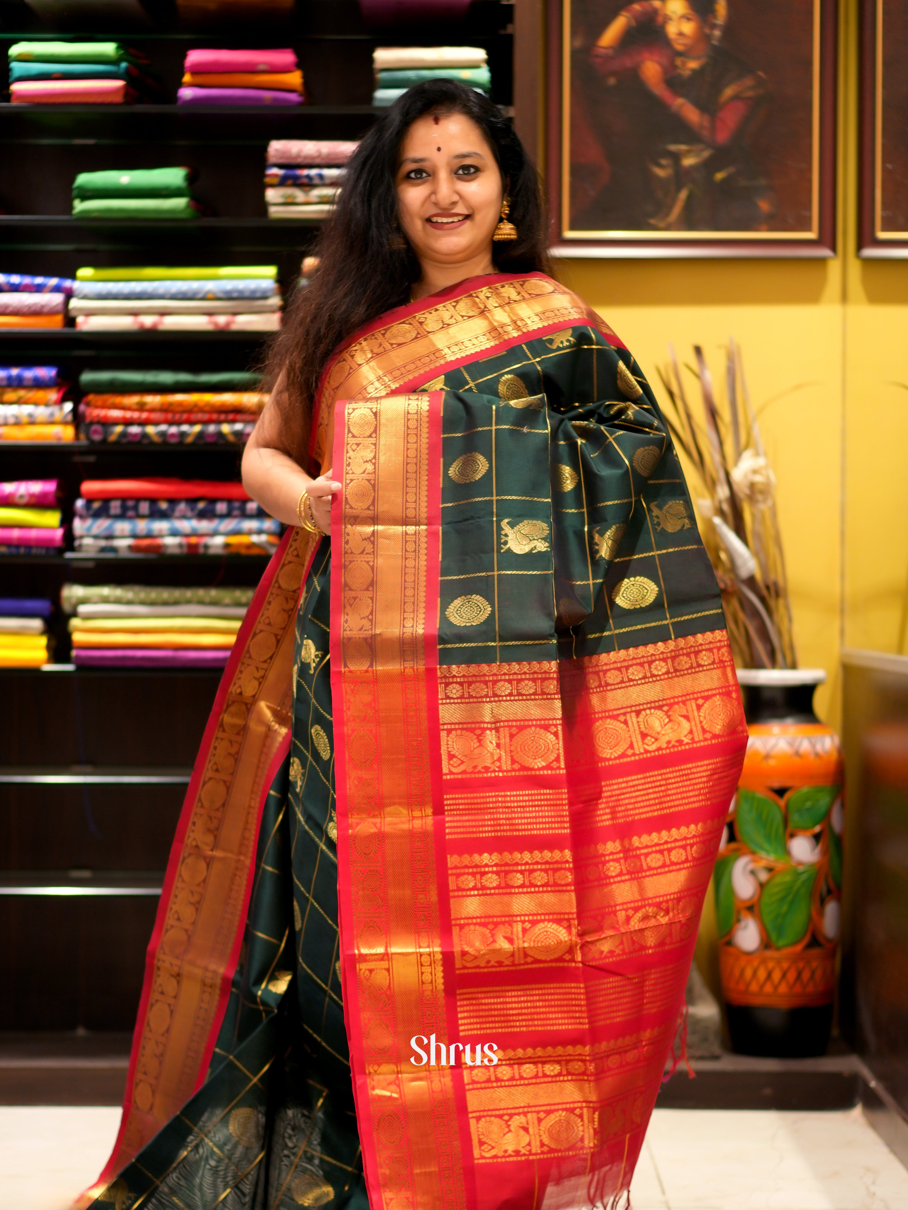 Green & Red - Silk Cotton Saree - Shop on ShrusEternity.com