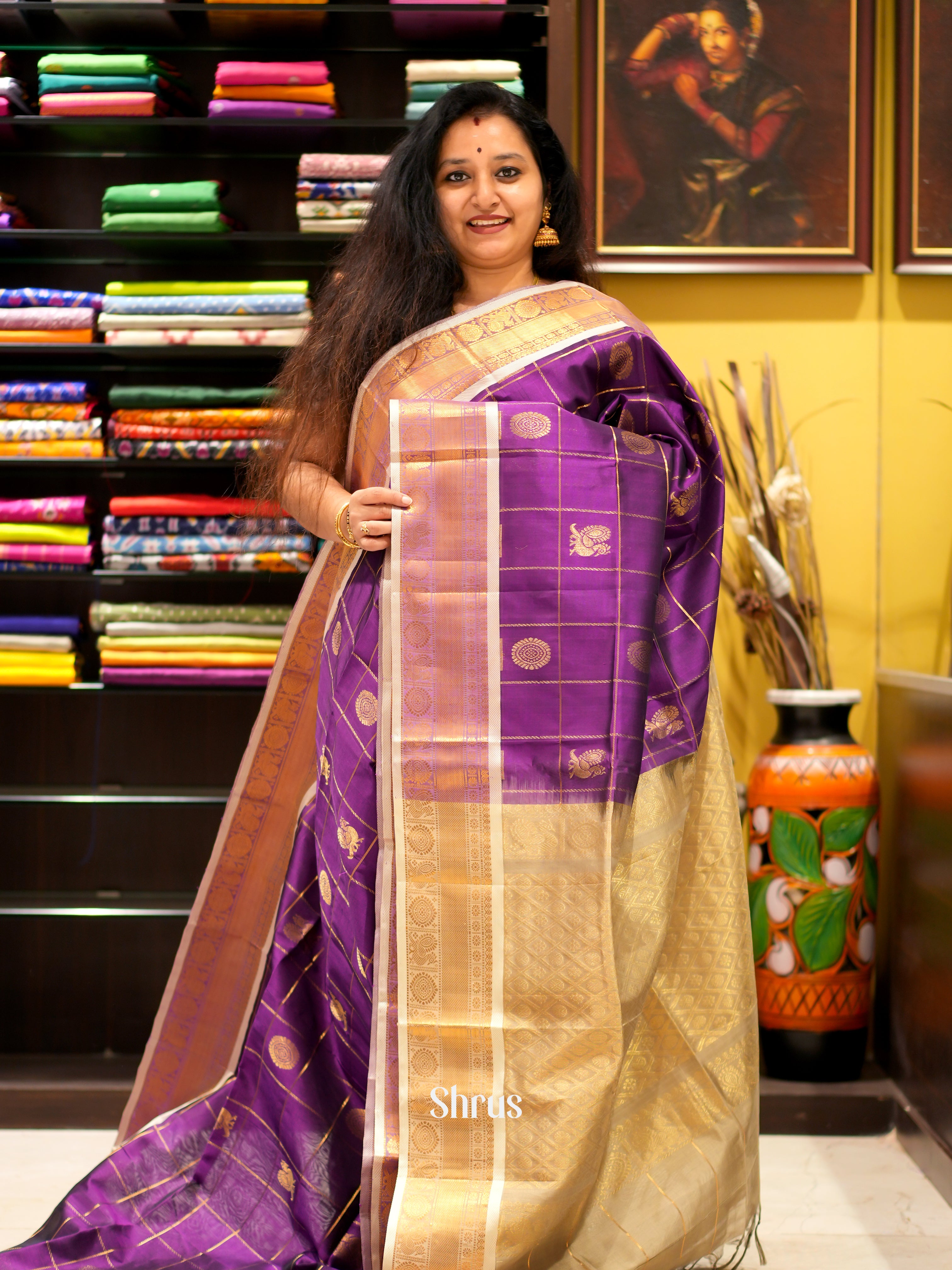 Purple & Cream - Silk Cotton Saree - Shop on ShrusEternity.com