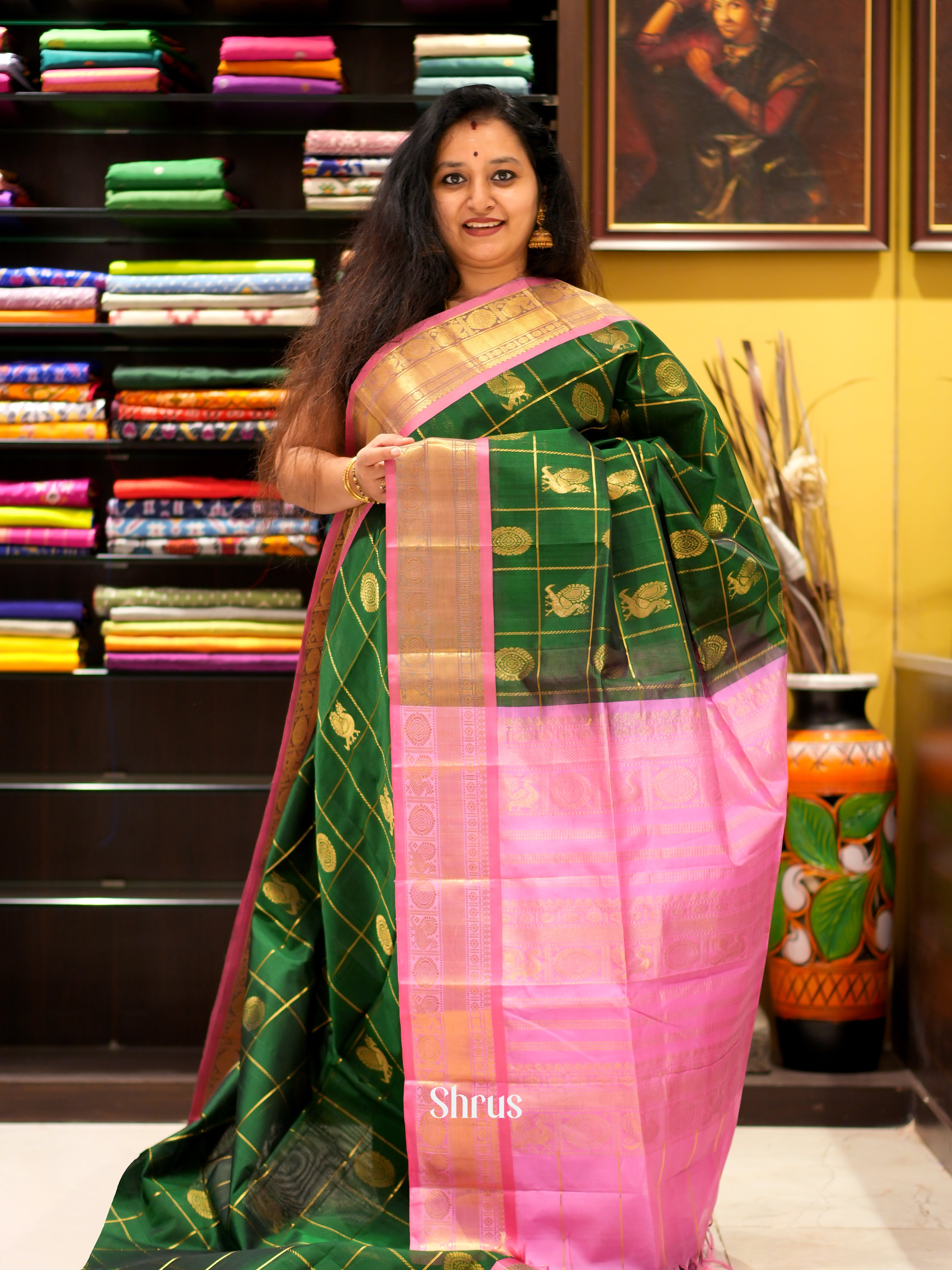 Green & Pink - Silk Cotton Saree - Shop on ShrusEternity.com